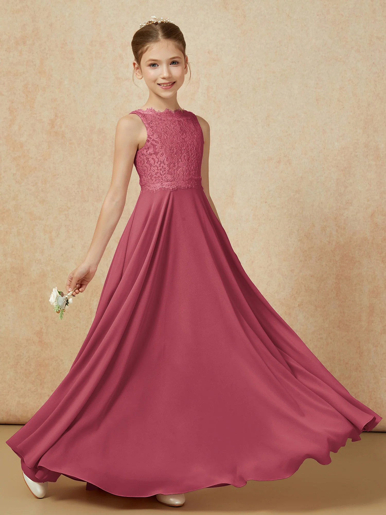 Bateau A-line Floor-length Chiffon Junior Bridesmaid Dress Cinnamon Rose - Image 6