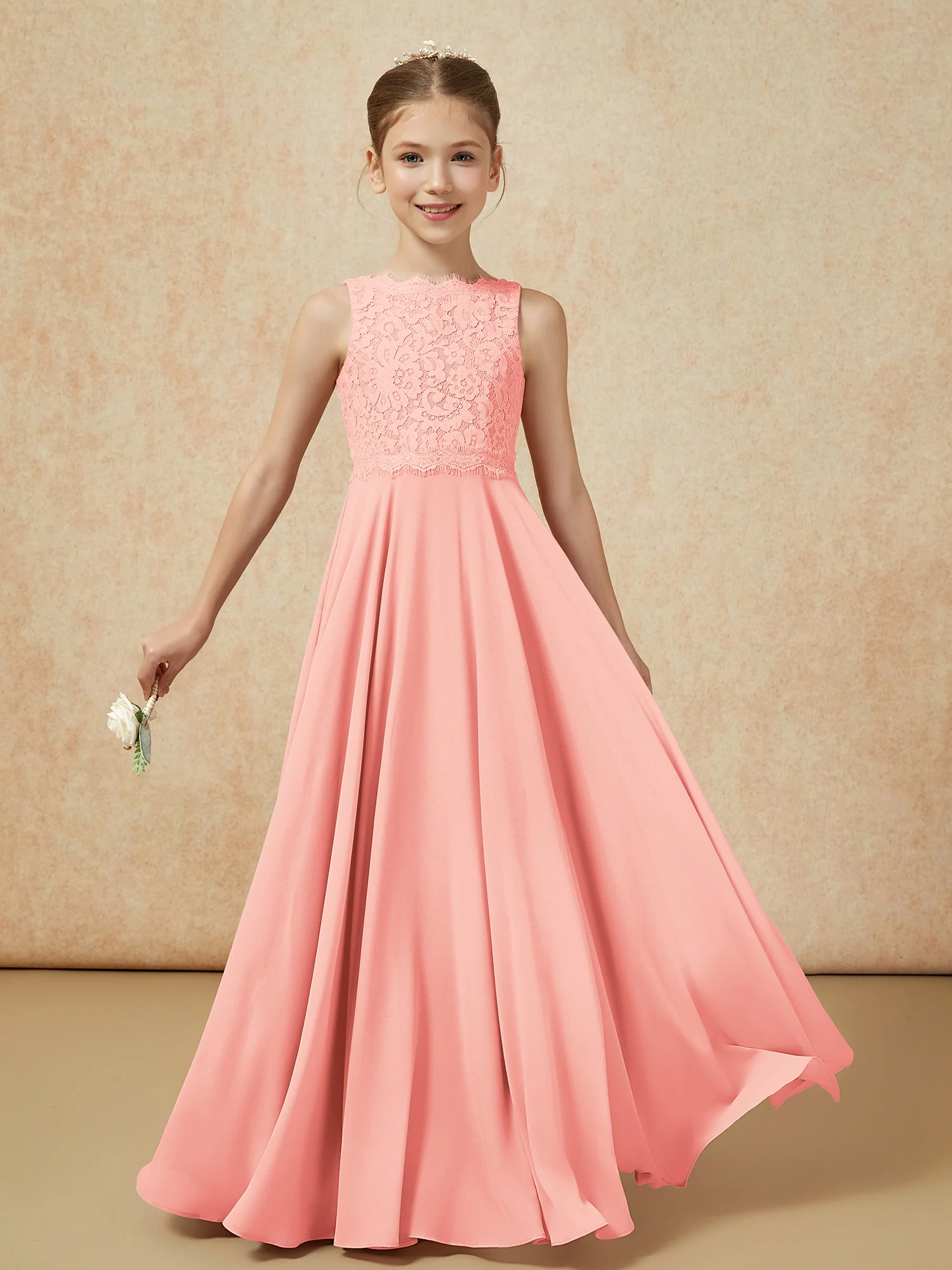 Bateau A-line Floor-length Chiffon Junior Bridesmaid Dress Coral - Image 5