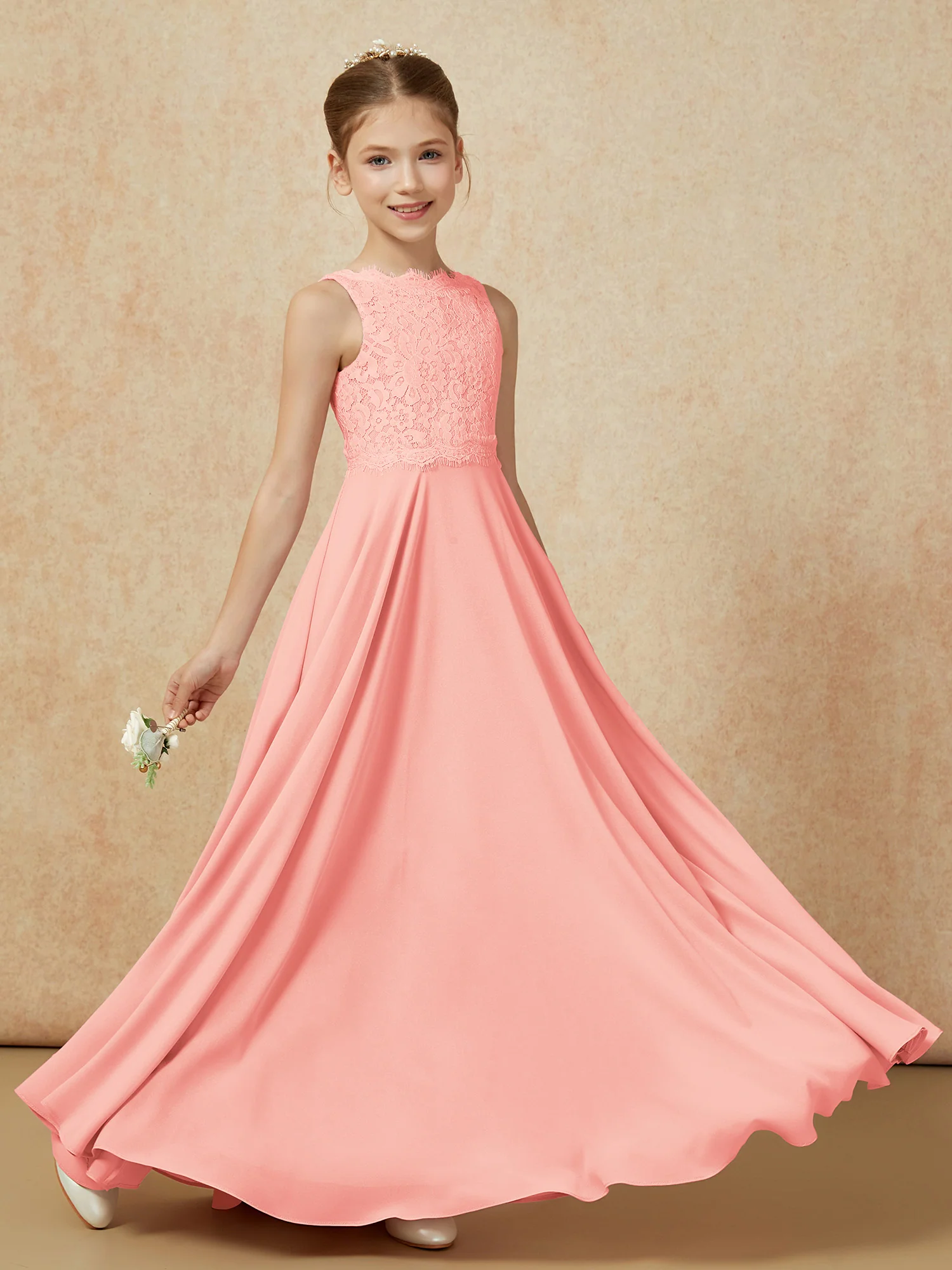 Bateau A-line Floor-length Chiffon Junior Bridesmaid Dress Coral - Image 6