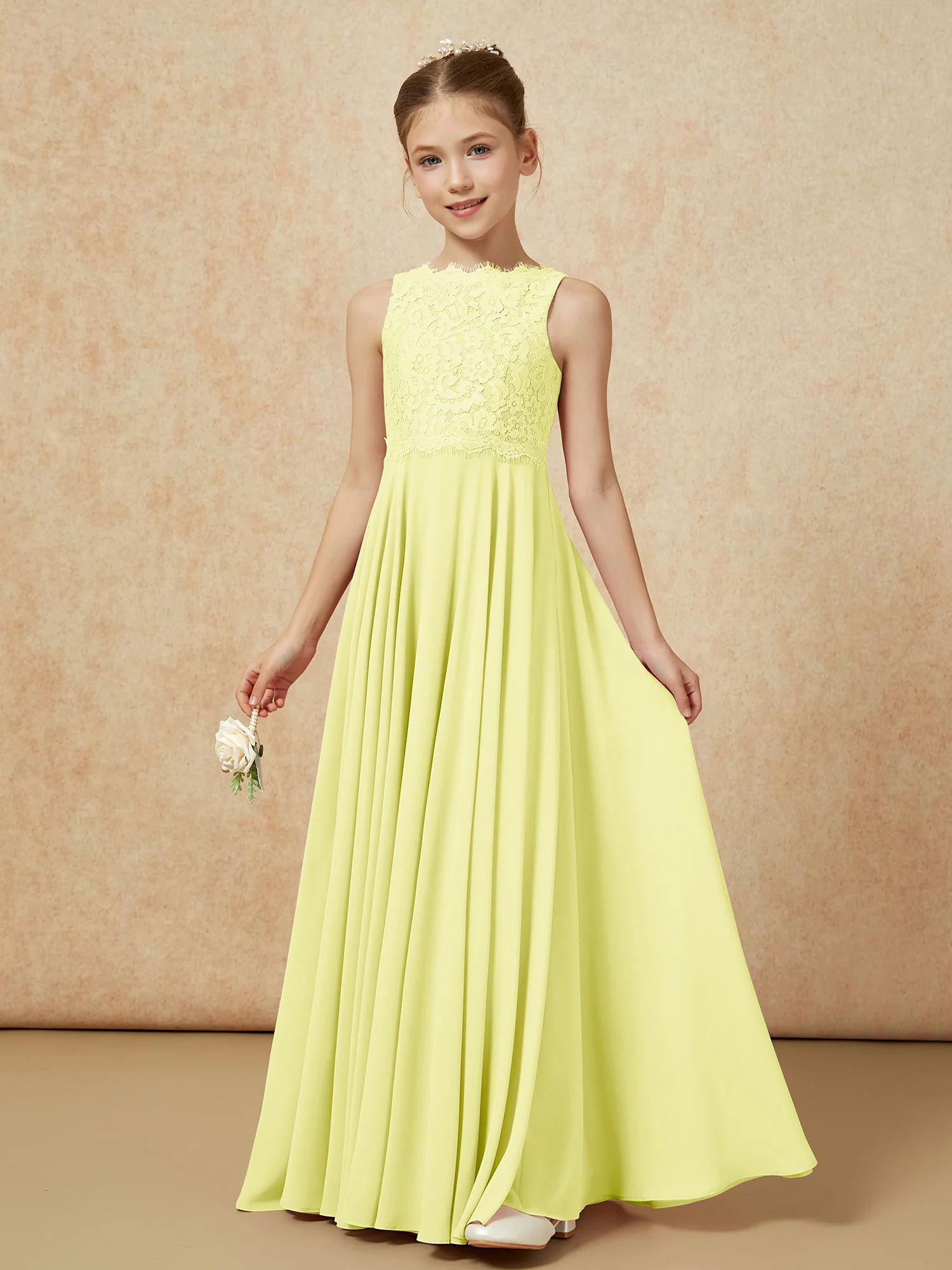 Bateau A-line Floor-length Chiffon Junior Bridesmaid Dress Daffodil - Image 3