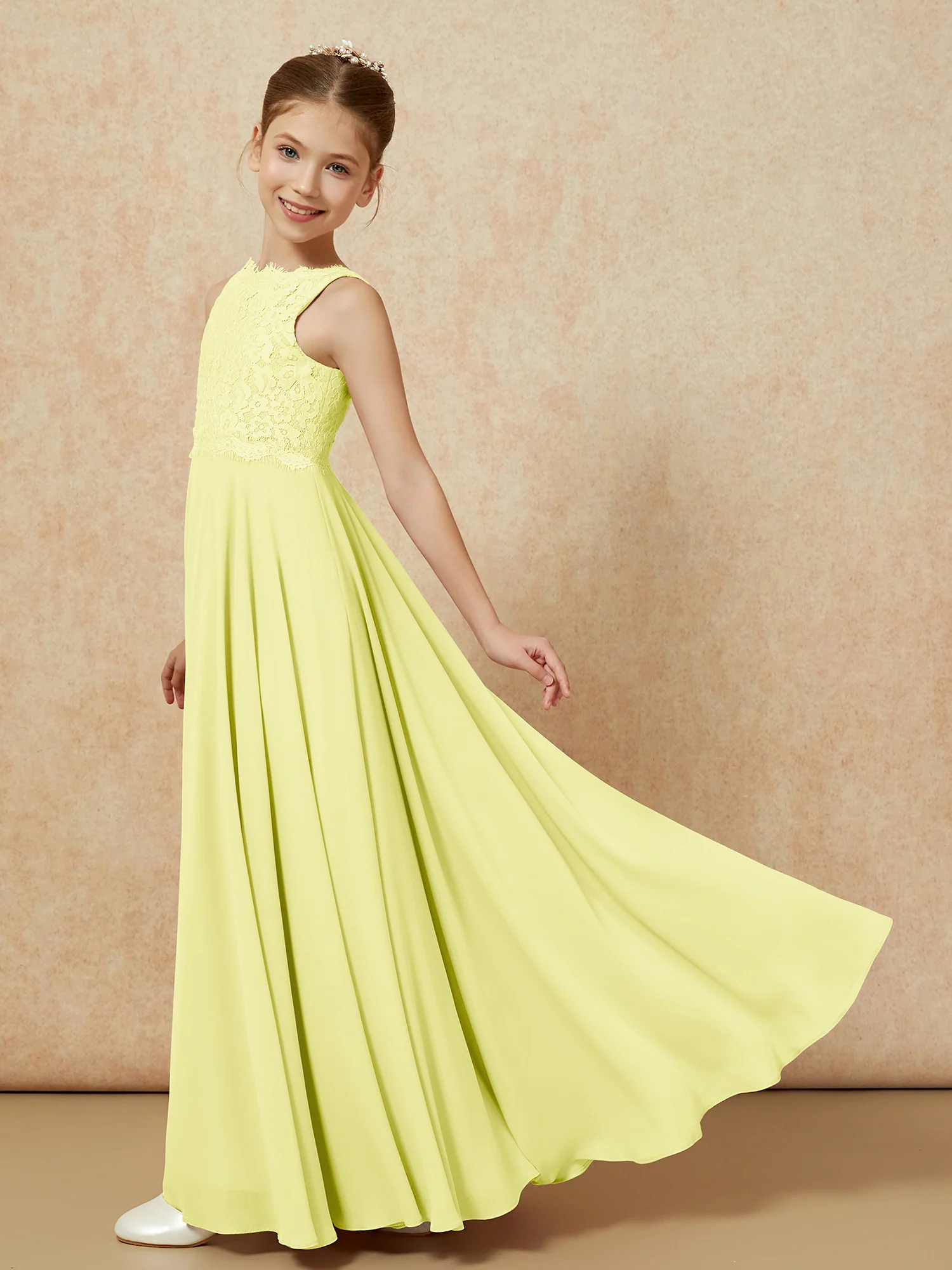 Bateau A-line Floor-length Chiffon Junior Bridesmaid Dress Daffodil - Image 4