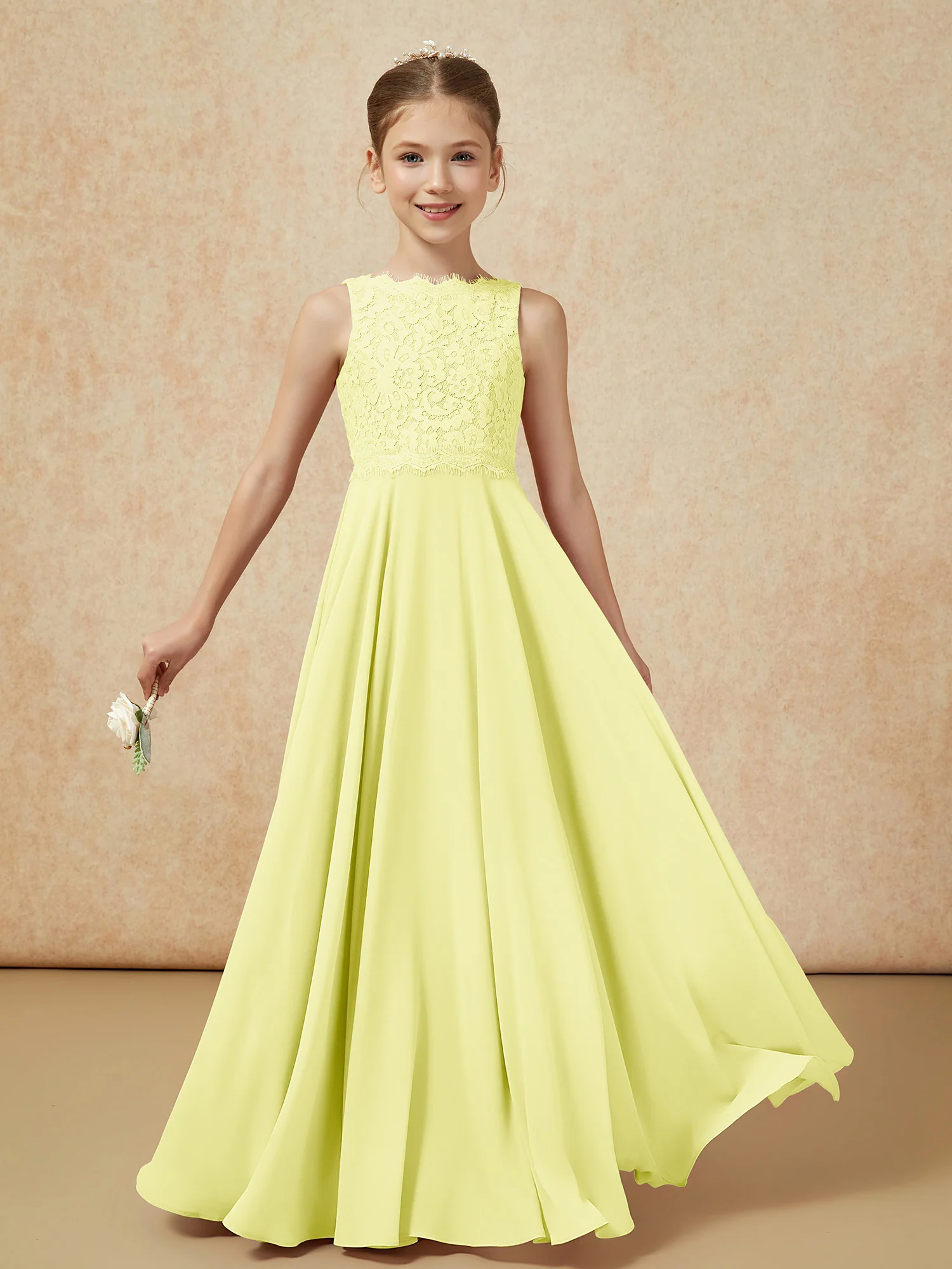 Bateau A-line Floor-length Chiffon Junior Bridesmaid Dress Daffodil - Image 5