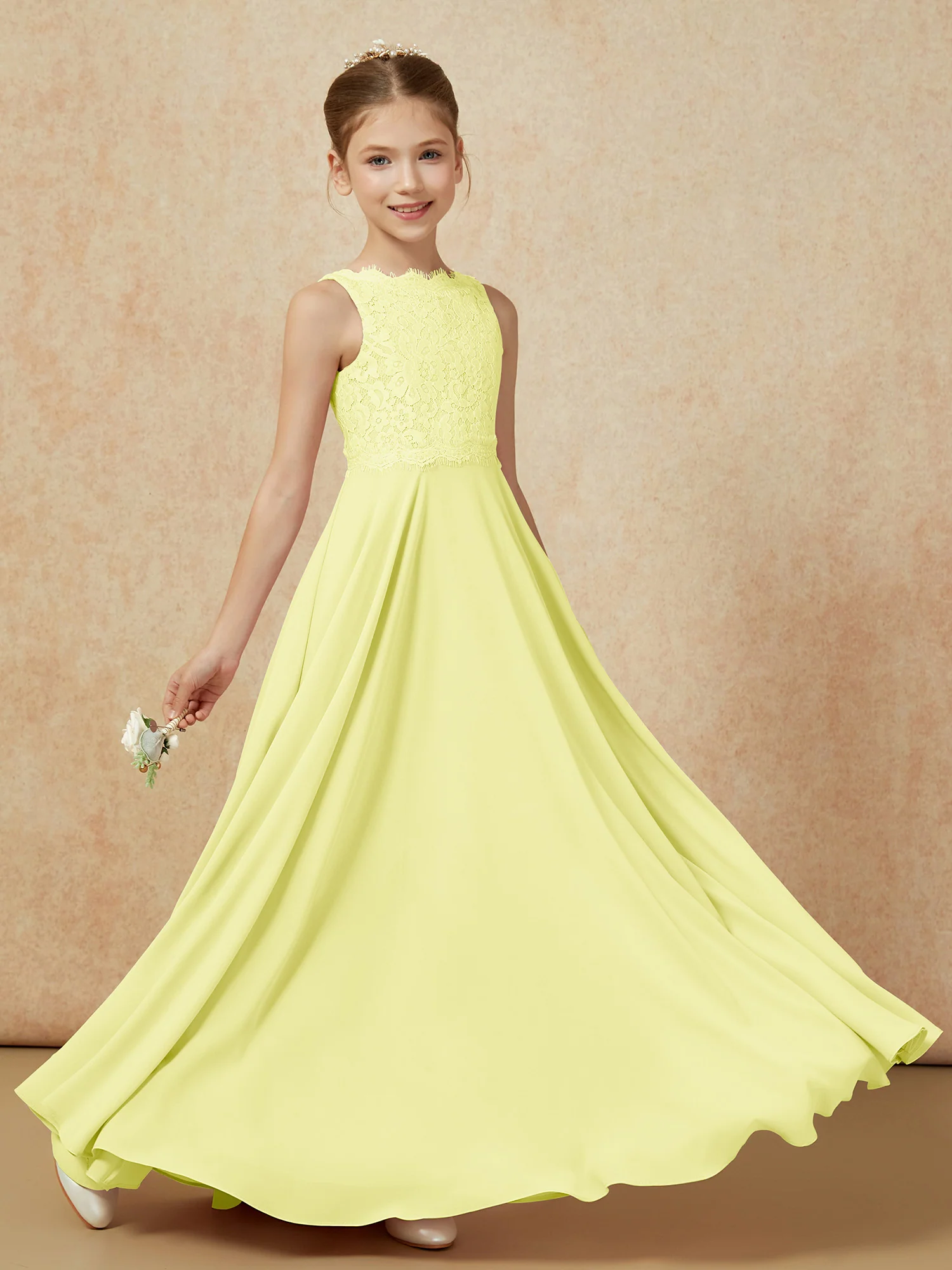 Bateau A-line Floor-length Chiffon Junior Bridesmaid Dress Daffodil - Image 6