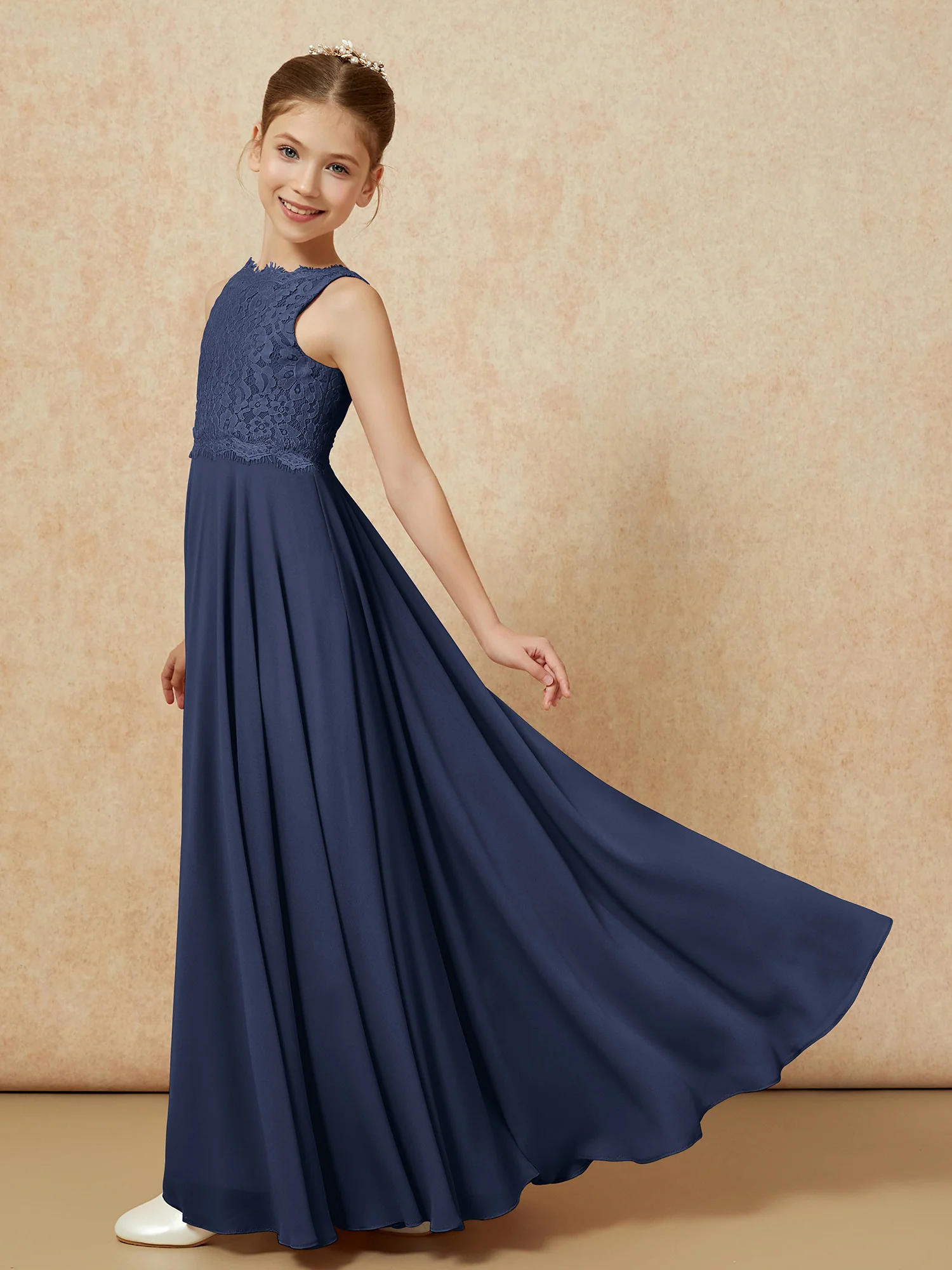 Bateau A-line Floor-length Chiffon Junior Bridesmaid Dress Dark Navy - Image 4