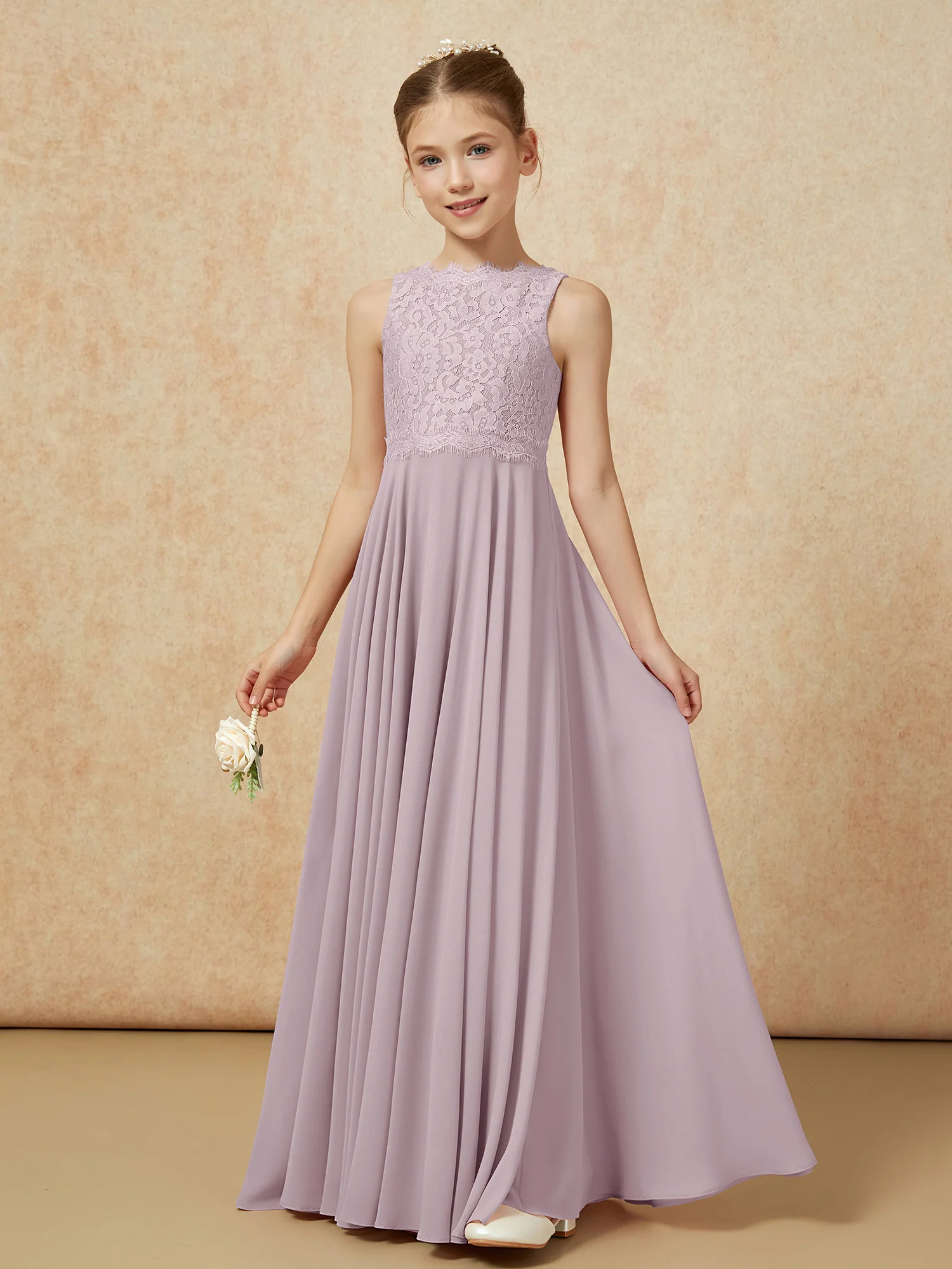 Bateau A-line Floor-length Chiffon Junior Bridesmaid Dress Dusk - Image 3