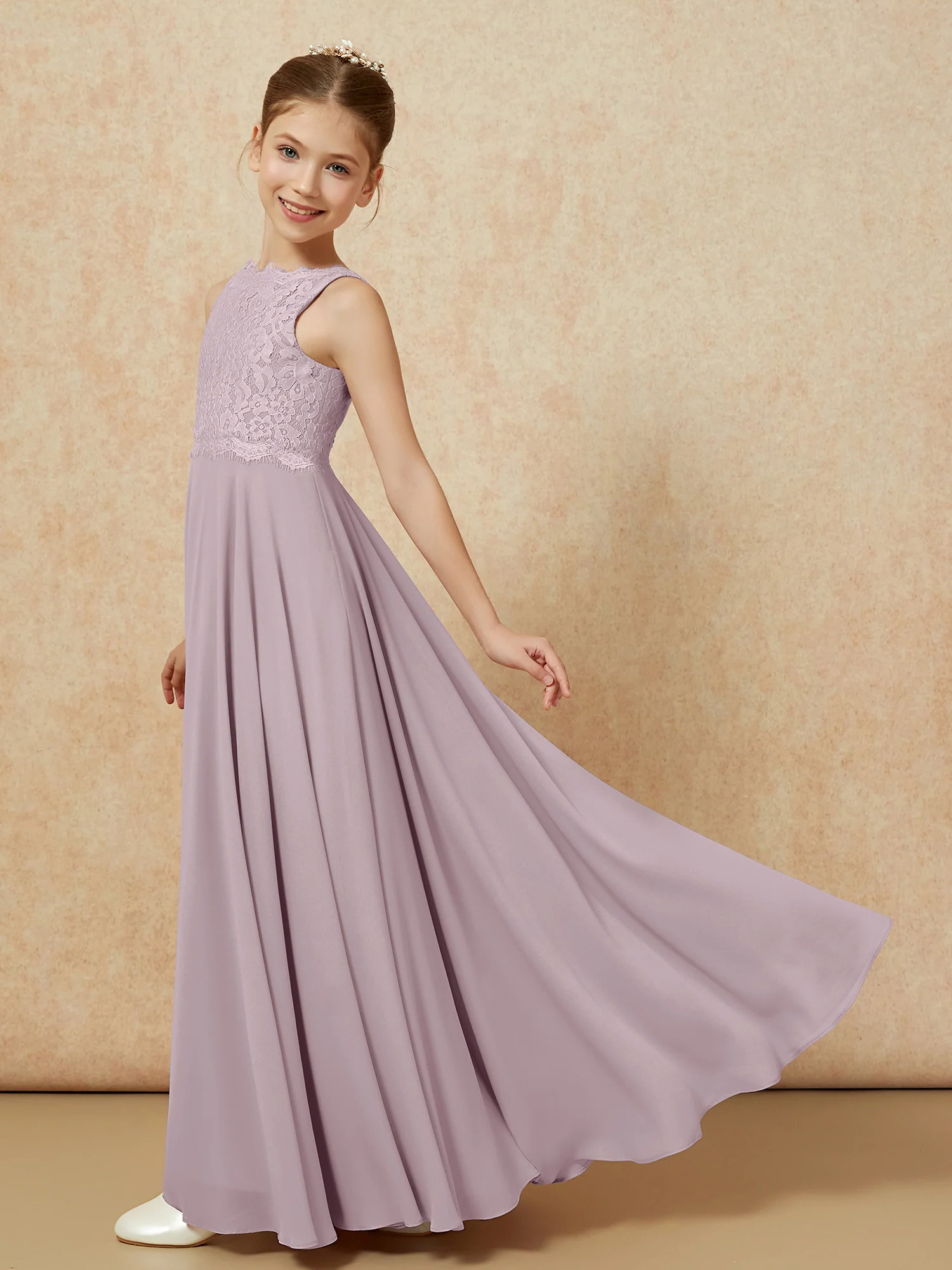 Bateau A-line Floor-length Chiffon Junior Bridesmaid Dress Dusk - Image 4
