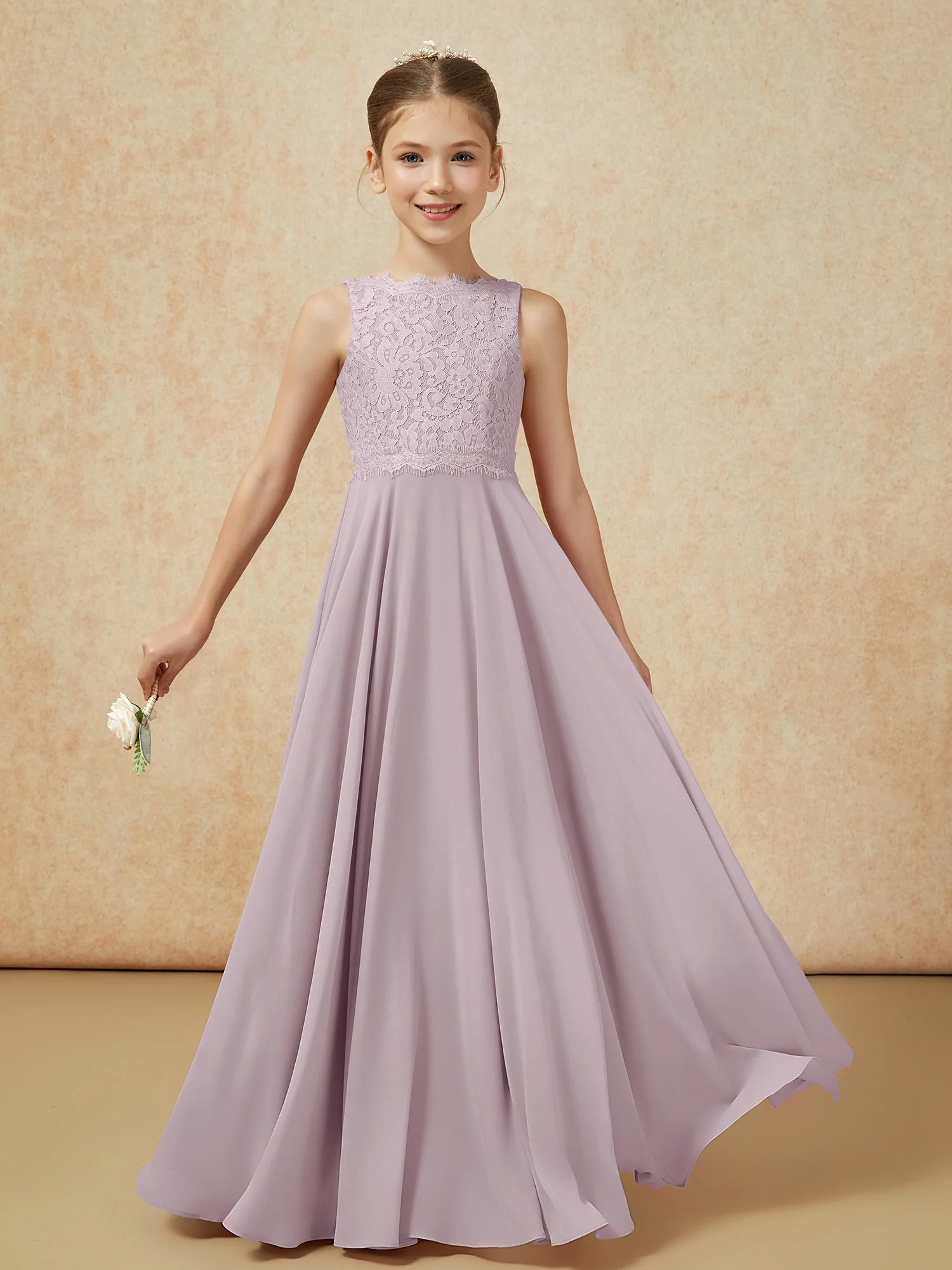 Bateau A-line Floor-length Chiffon Junior Bridesmaid Dress Dusk - Image 5