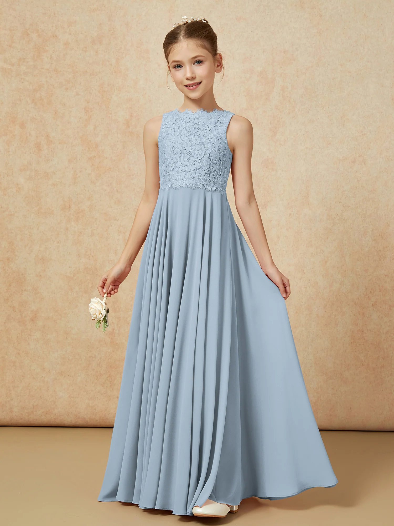 Bateau A-line Floor-length Chiffon Junior Bridesmaid Dress Dusty Blue - Image 3