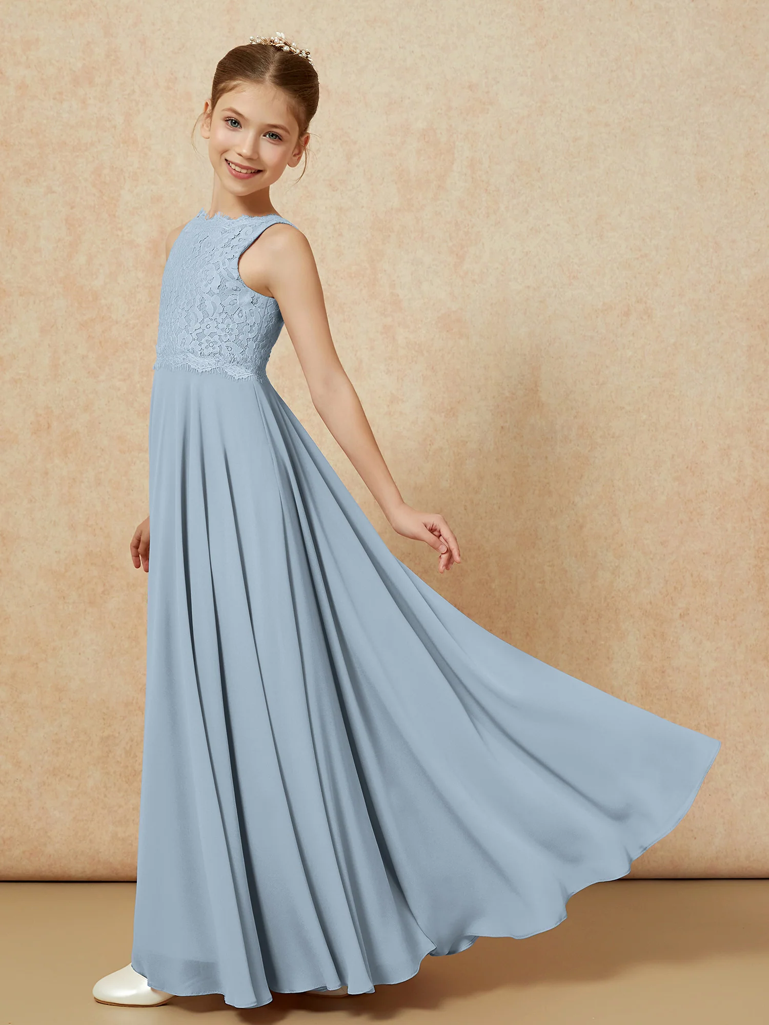 Bateau A-line Floor-length Chiffon Junior Bridesmaid Dress Dusty Blue - Image 4