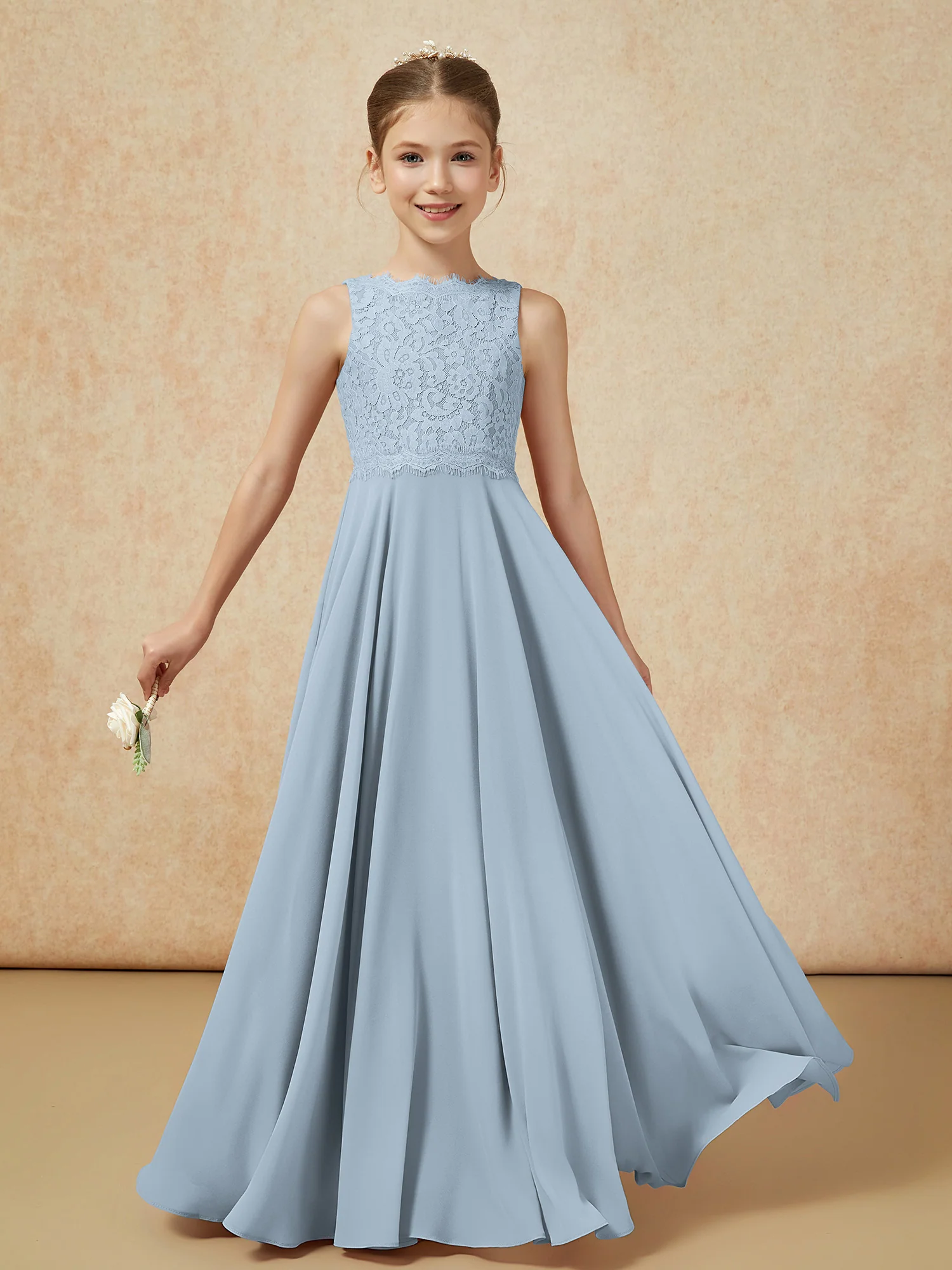 Bateau A-line Floor-length Chiffon Junior Bridesmaid Dress Dusty Blue - Image 5