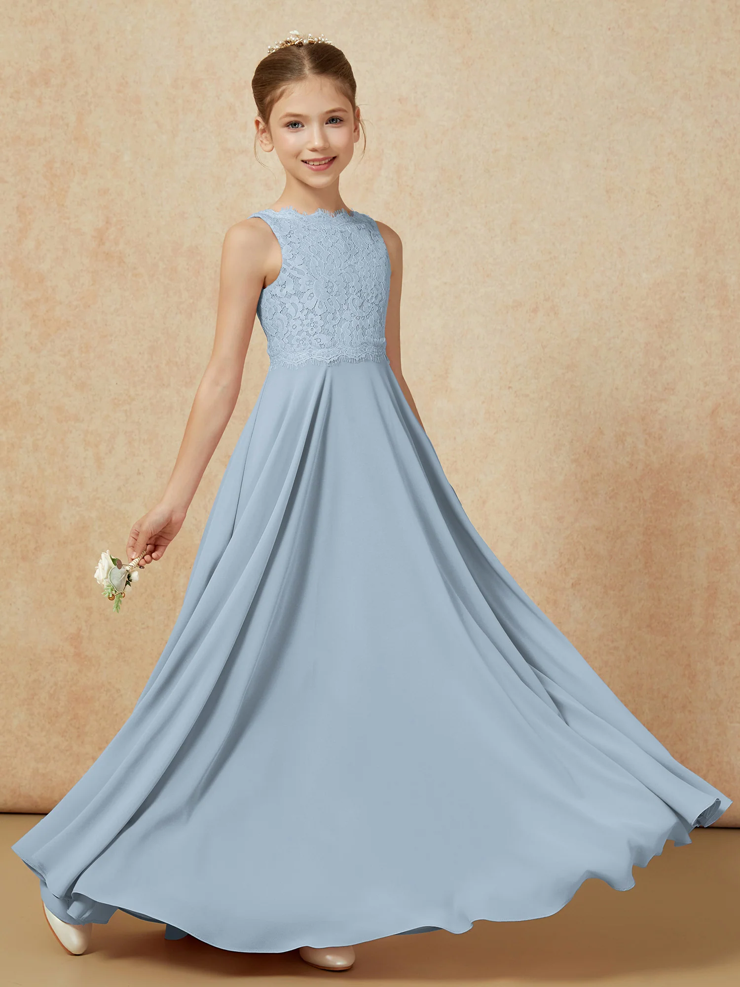 Bateau A-line Floor-length Chiffon Junior Bridesmaid Dress Dusty Blue - Image 6
