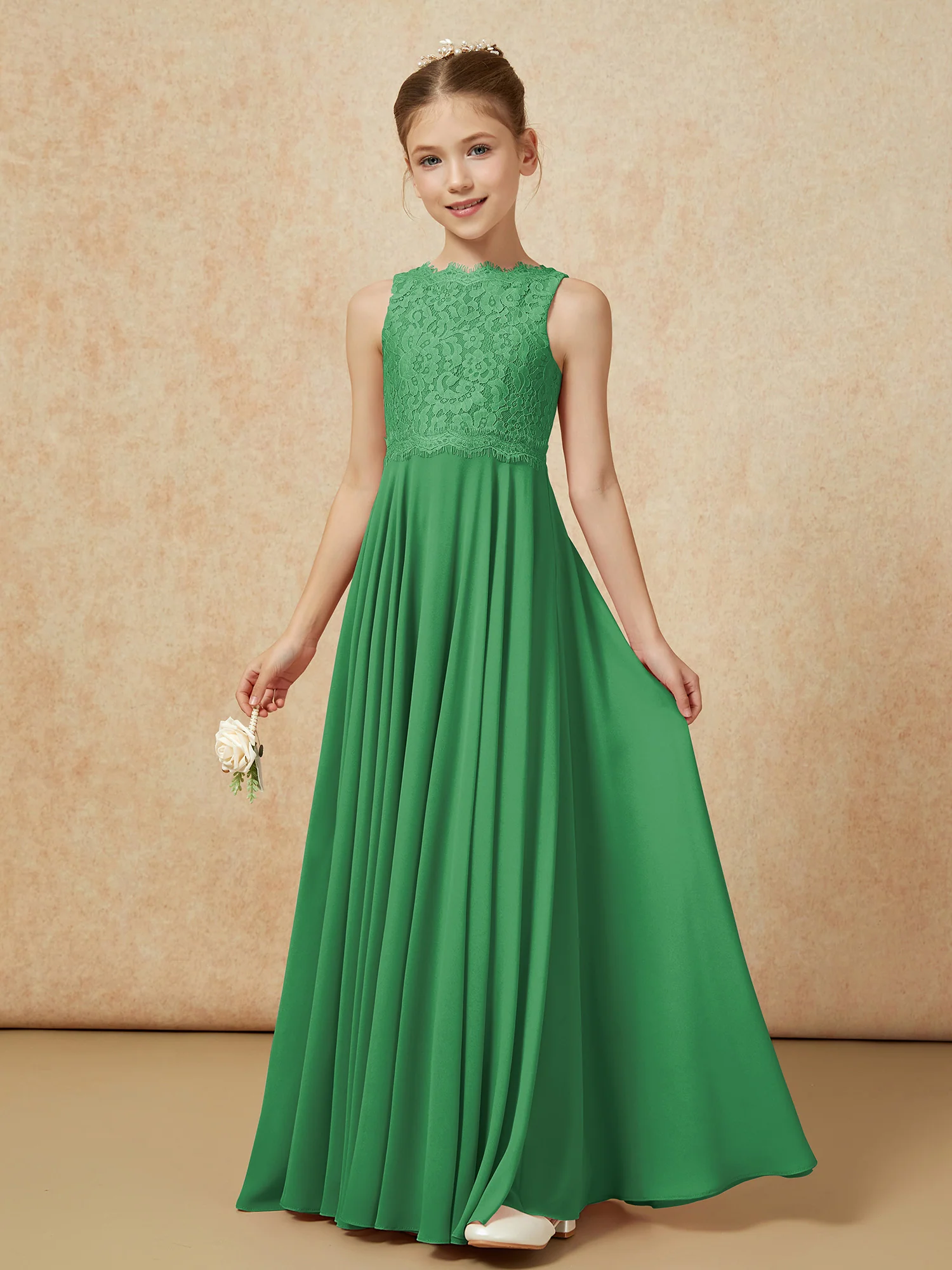 Bateau A-line Floor-length Chiffon Junior Bridesmaid Dress Emerald - Image 3