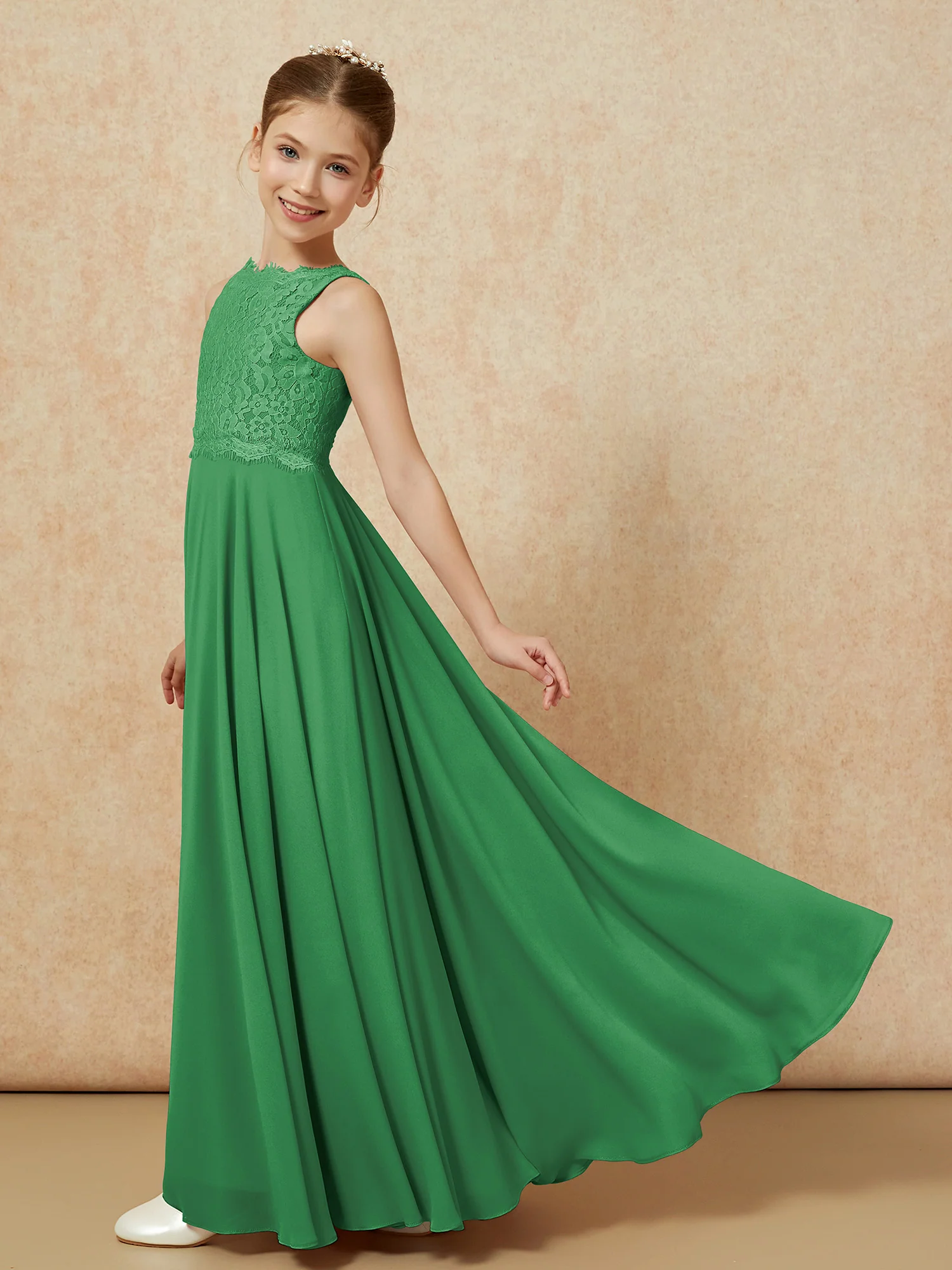 Bateau A-line Floor-length Chiffon Junior Bridesmaid Dress Emerald - Image 4