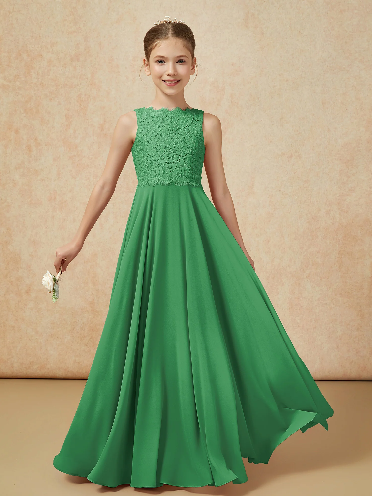 Bateau A-line Floor-length Chiffon Junior Bridesmaid Dress Emerald - Image 5