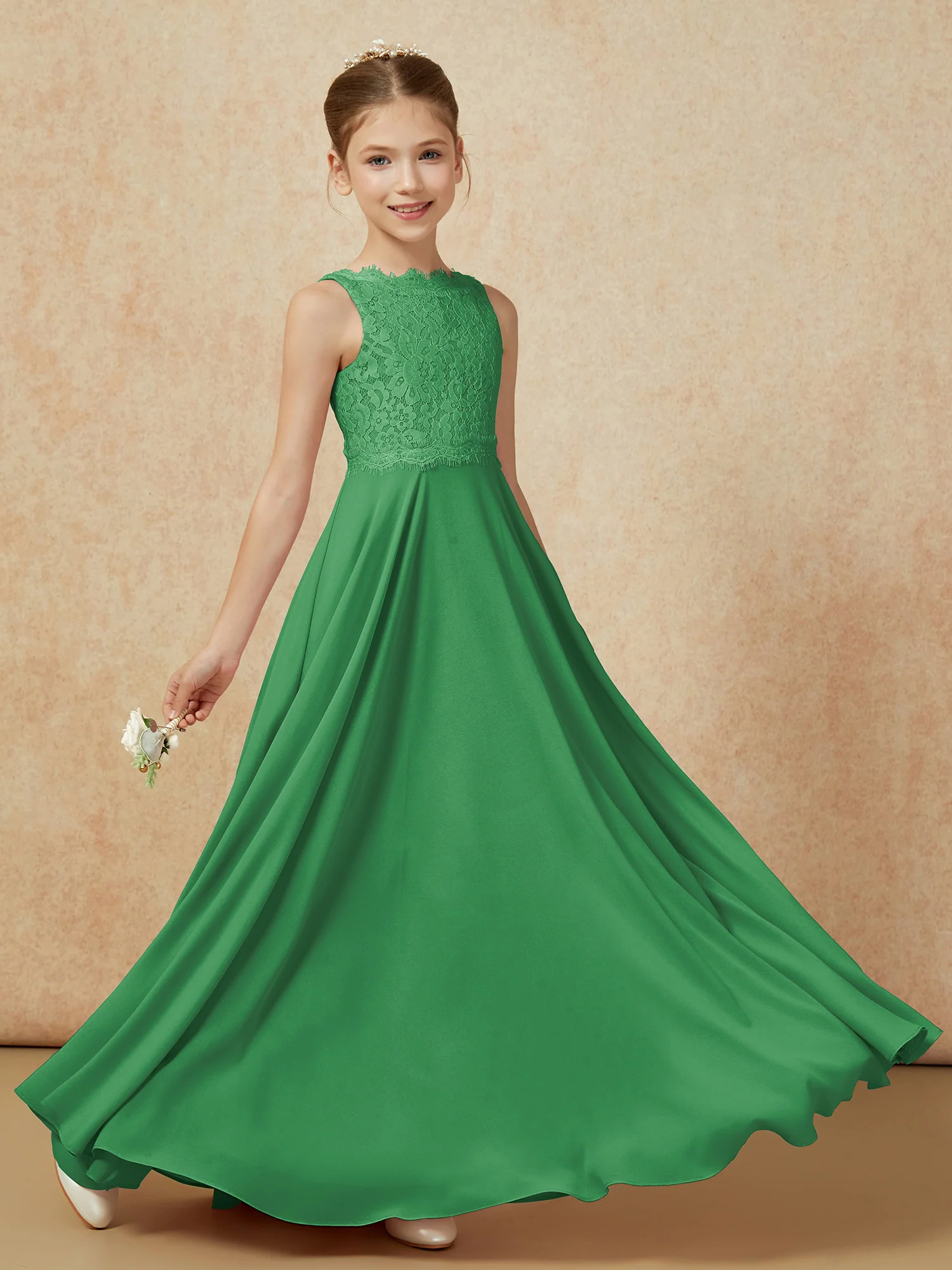 Bateau A-line Floor-length Chiffon Junior Bridesmaid Dress Emerald - Image 6