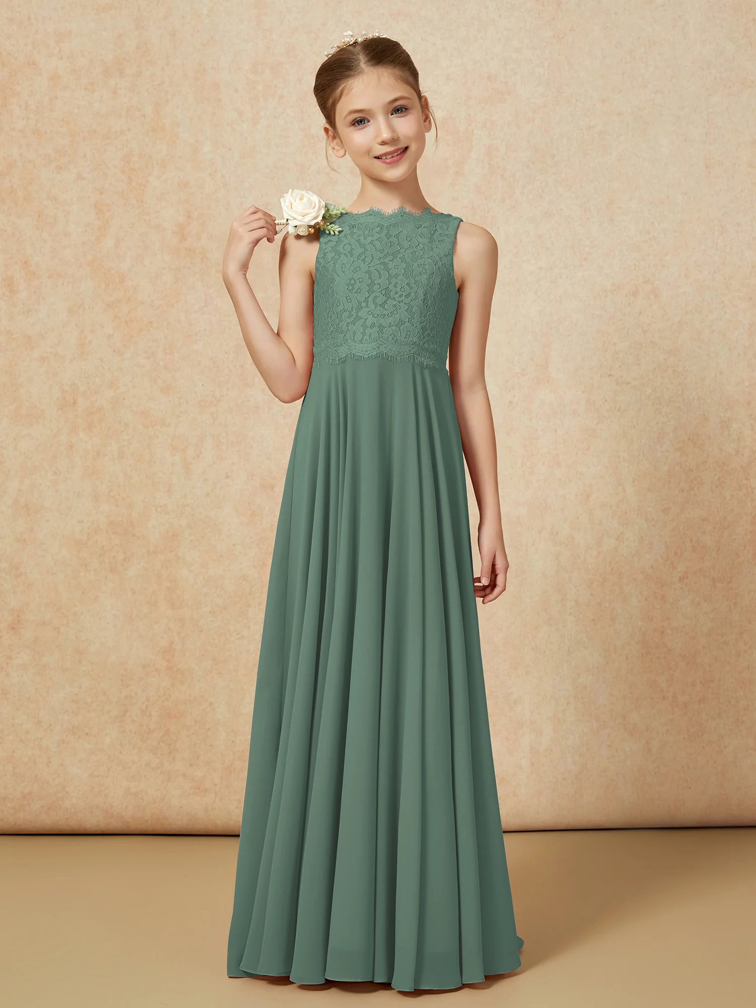 Bateau A-line Floor-length Chiffon Junior Bridesmaid Dress Eucalyptus