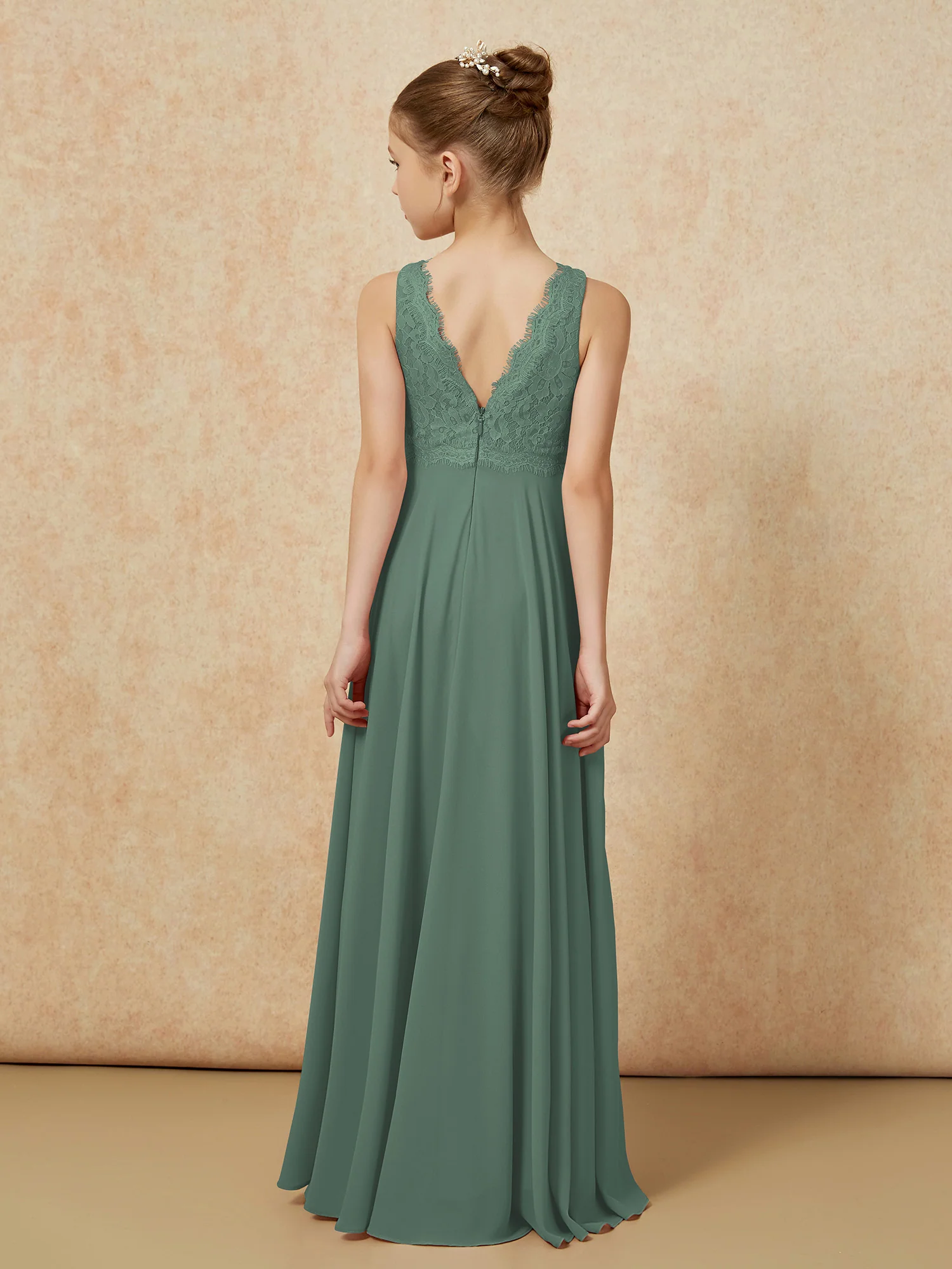 Bateau A-line Floor-length Chiffon Junior Bridesmaid Dress Eucalyptus - Image 2