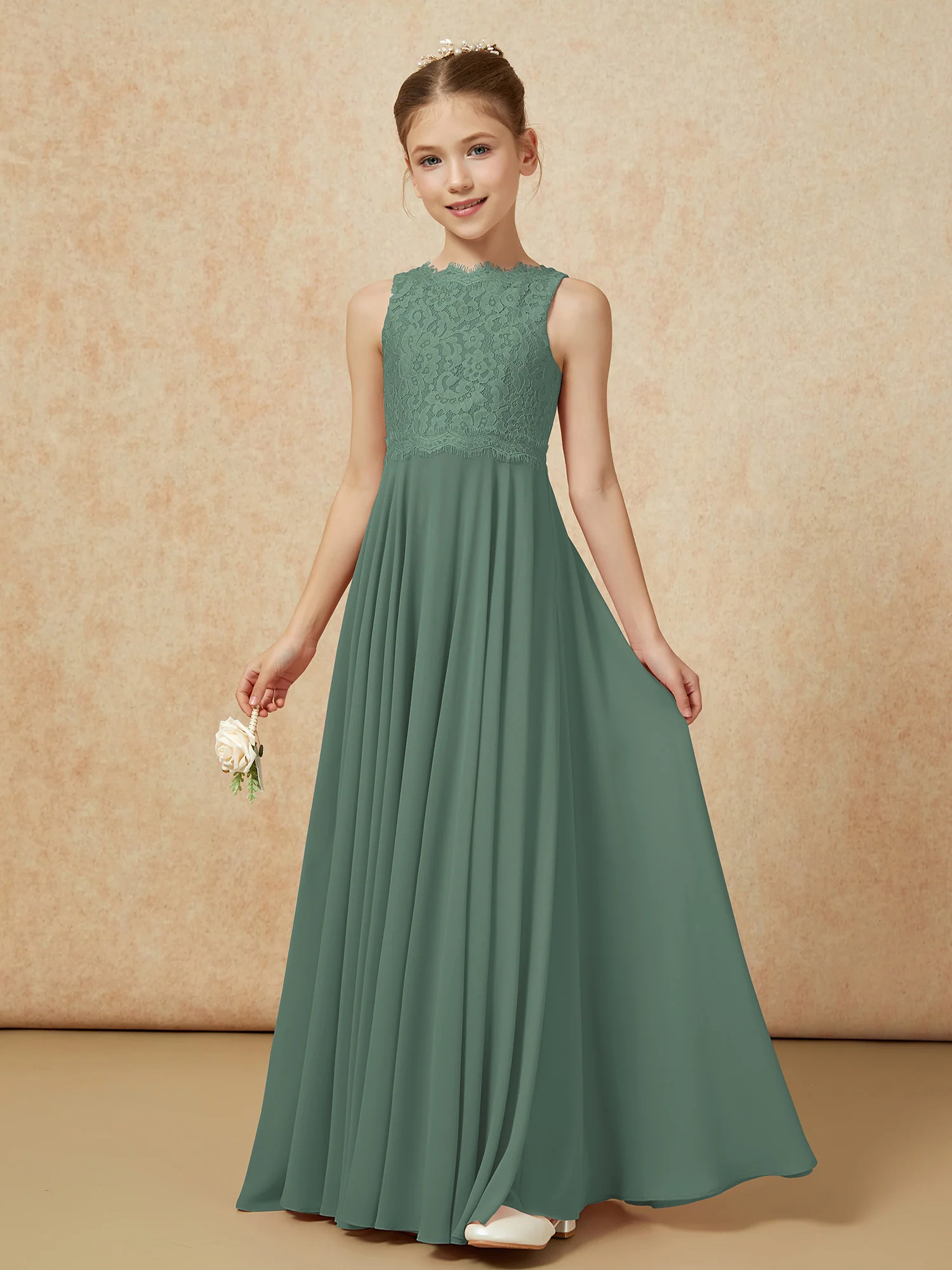 Bateau A-line Floor-length Chiffon Junior Bridesmaid Dress Eucalyptus - Image 3