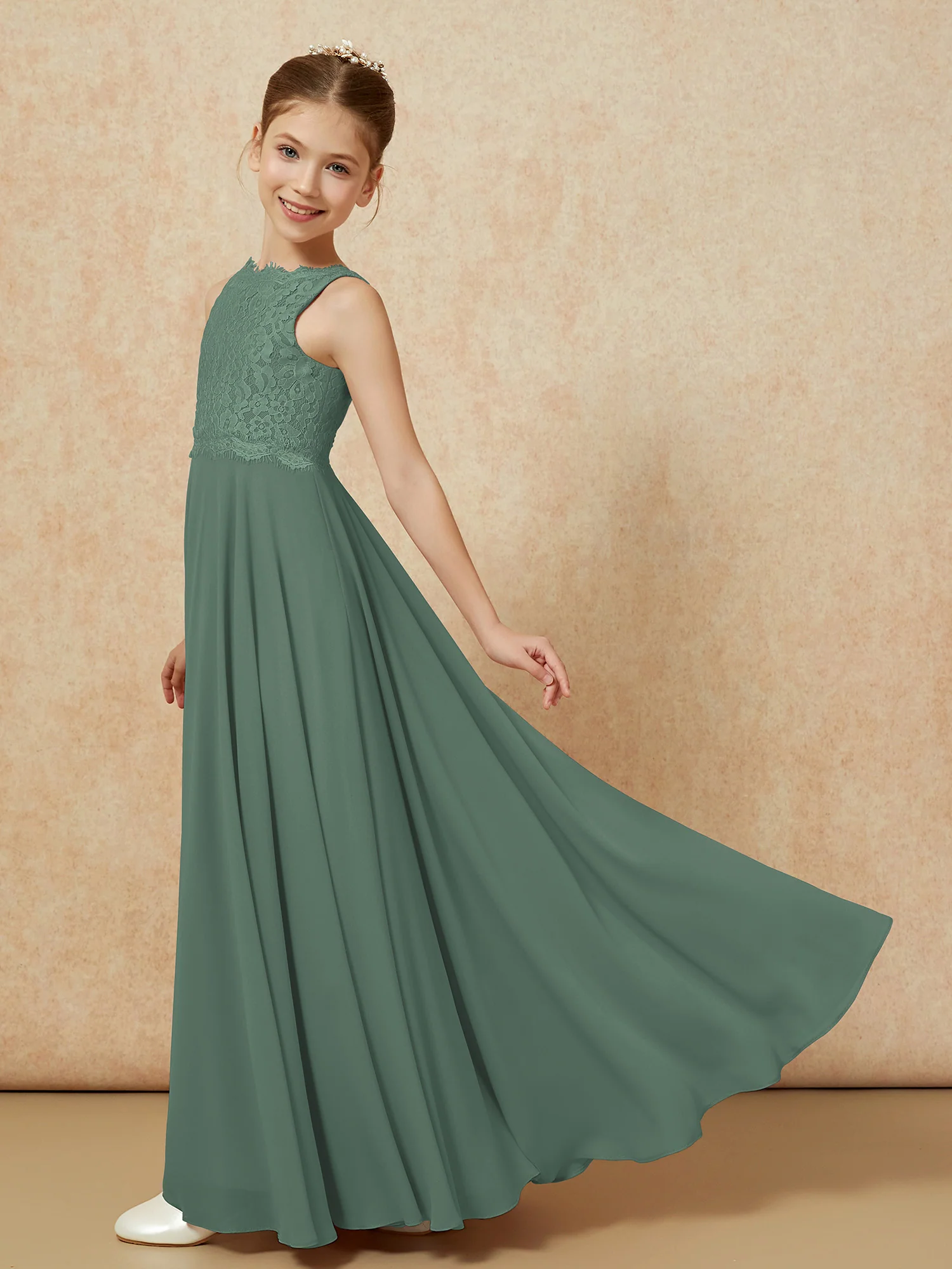 Bateau A-line Floor-length Chiffon Junior Bridesmaid Dress Eucalyptus - Image 4