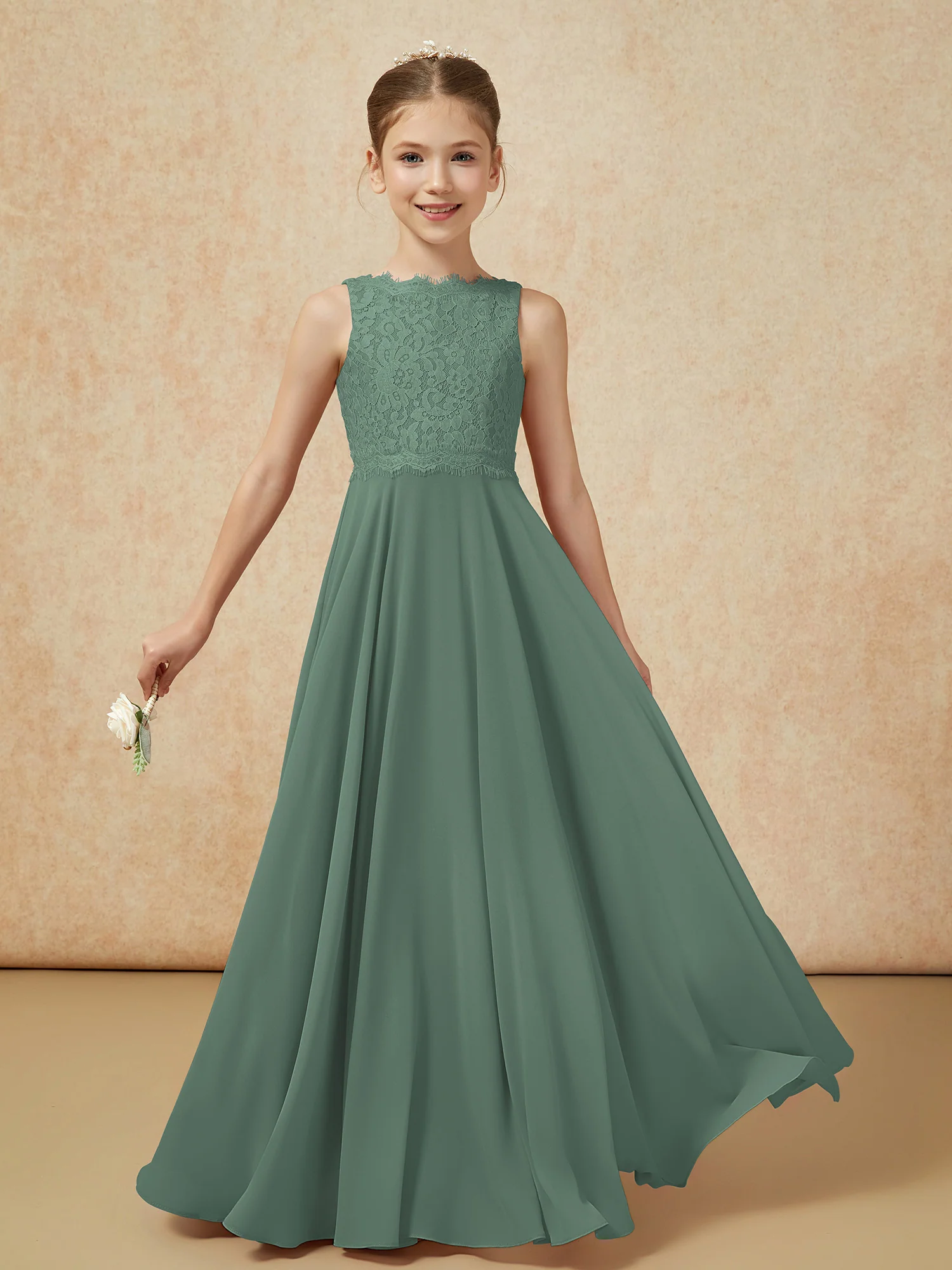 Bateau A-line Floor-length Chiffon Junior Bridesmaid Dress Eucalyptus - Image 5