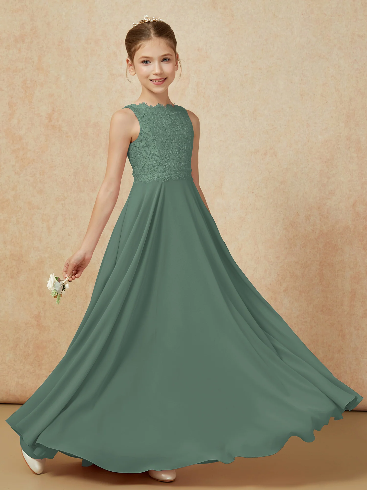Bateau A-line Floor-length Chiffon Junior Bridesmaid Dress Eucalyptus - Image 6