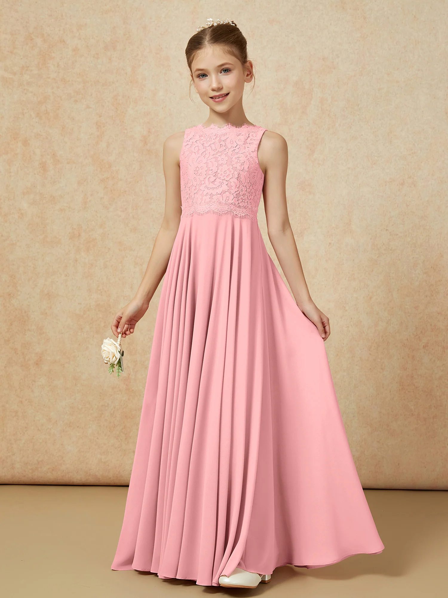 Bateau A-line Floor-length Chiffon Junior Bridesmaid Dress Flamingo - Image 3
