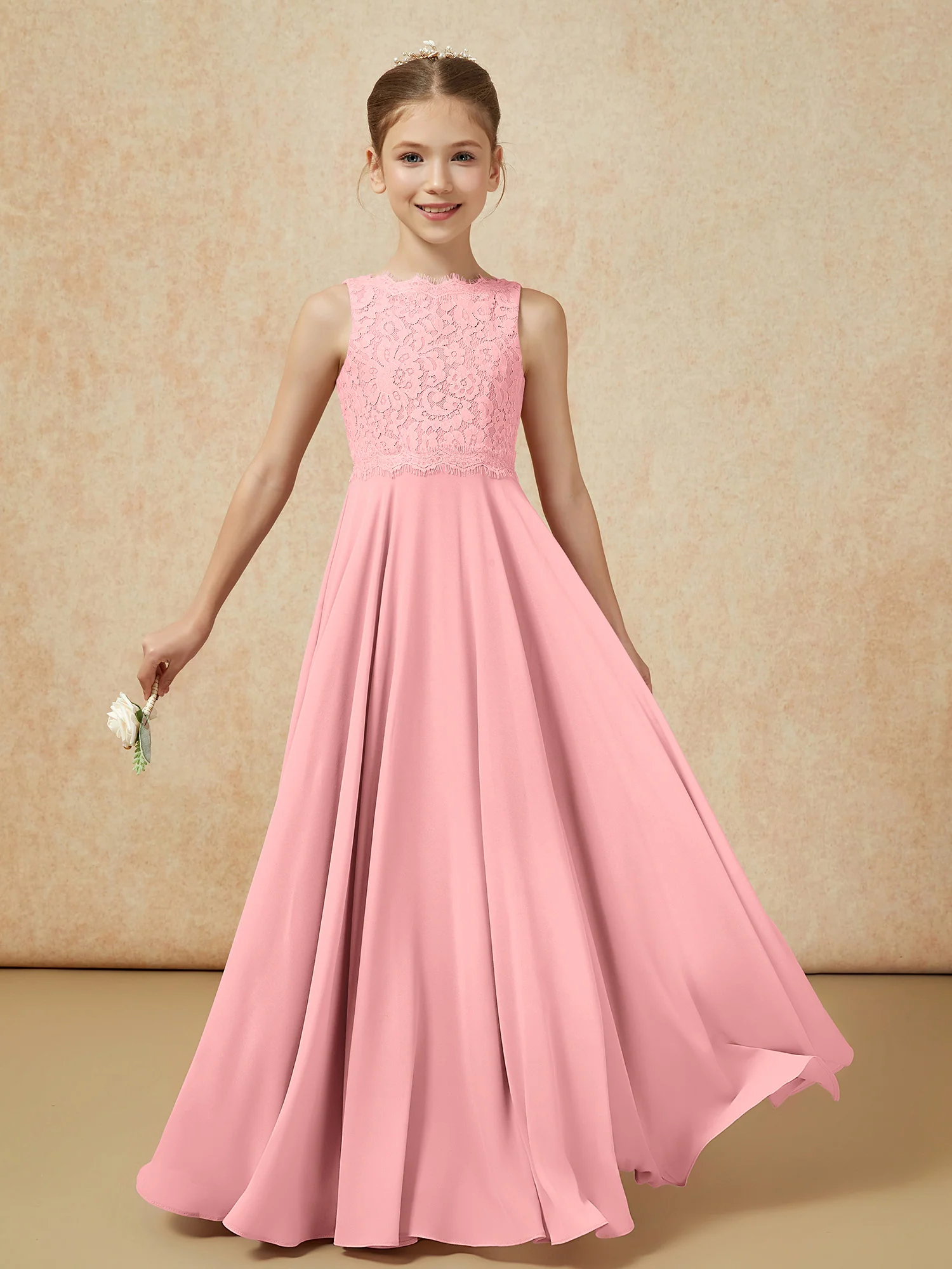 Bateau A-line Floor-length Chiffon Junior Bridesmaid Dress Flamingo - Image 5