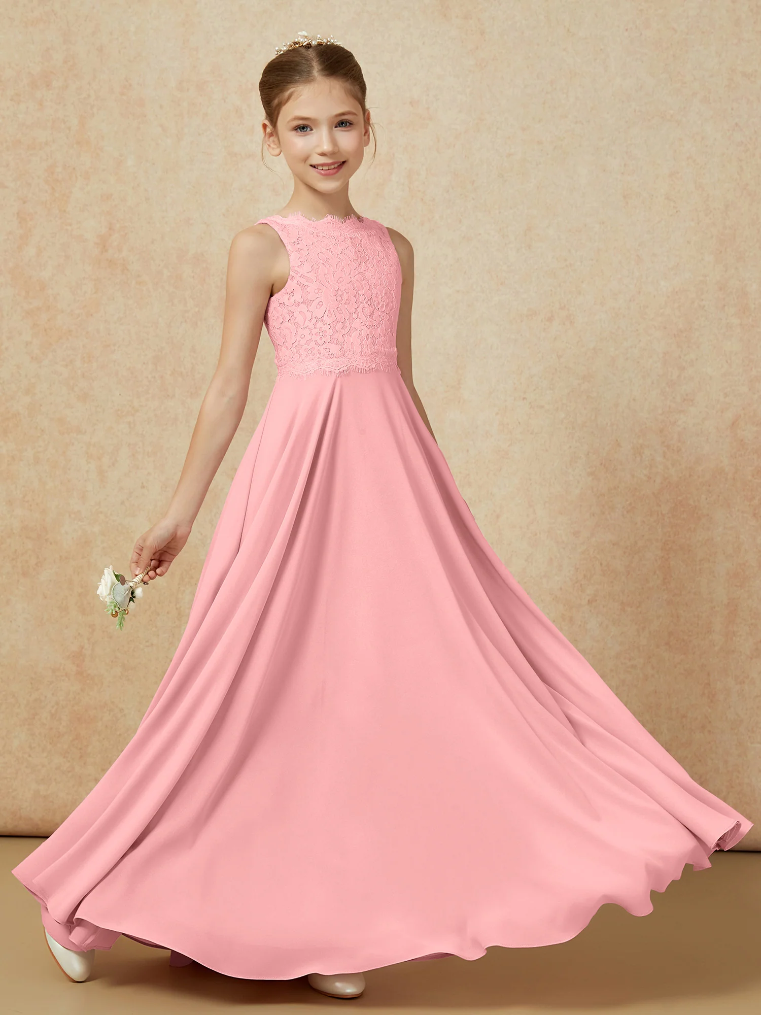 Bateau A-line Floor-length Chiffon Junior Bridesmaid Dress Flamingo - Image 6