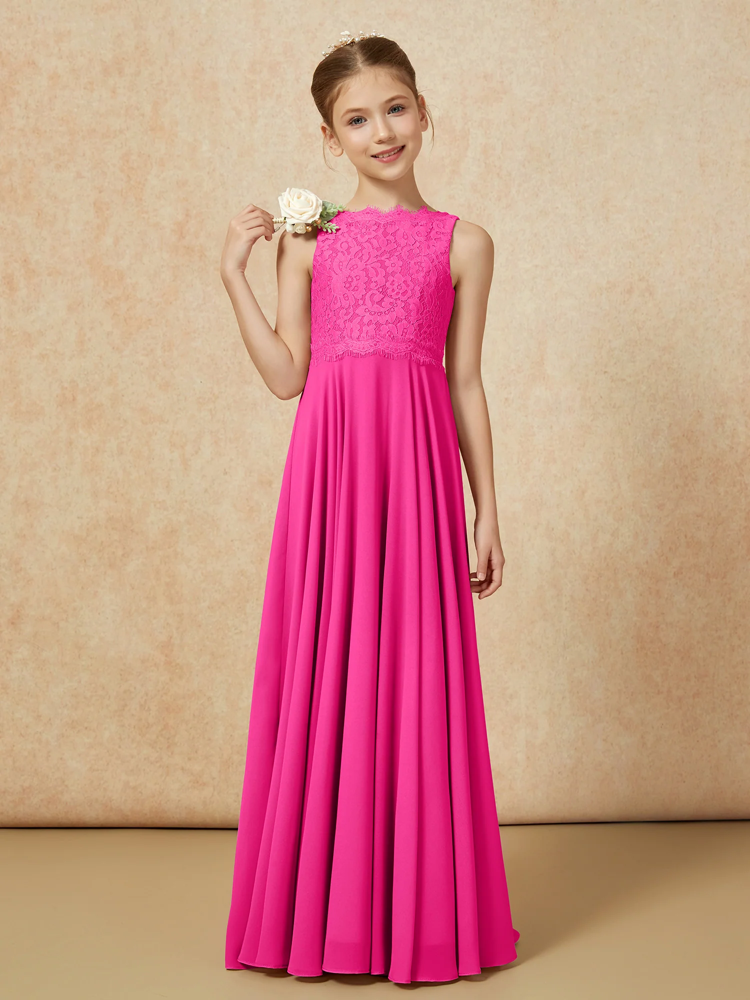 Bateau A-line Floor-length Chiffon Junior Bridesmaid Dress Fuchsia