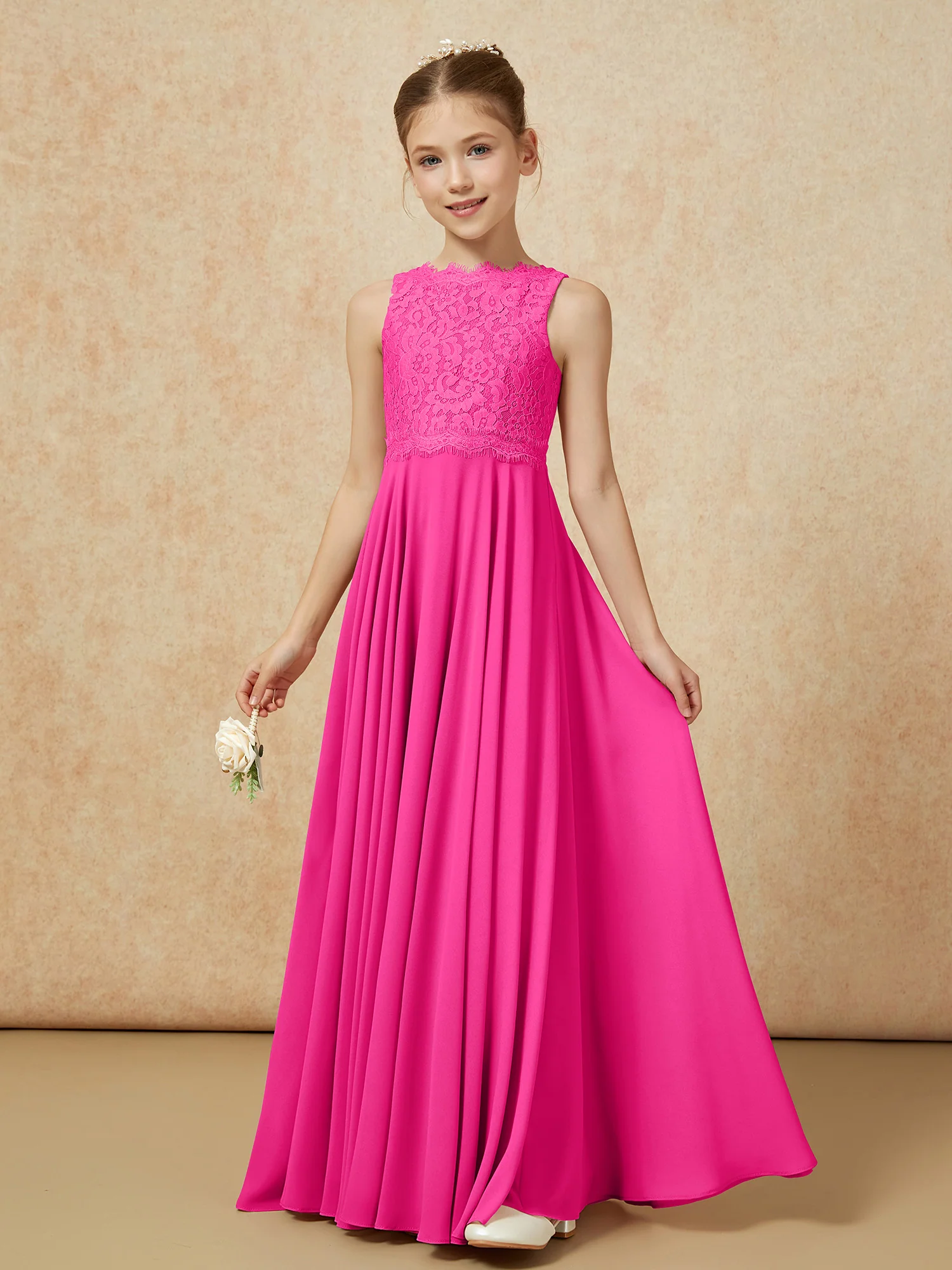 Bateau A-line Floor-length Chiffon Junior Bridesmaid Dress Fuchsia - Image 3