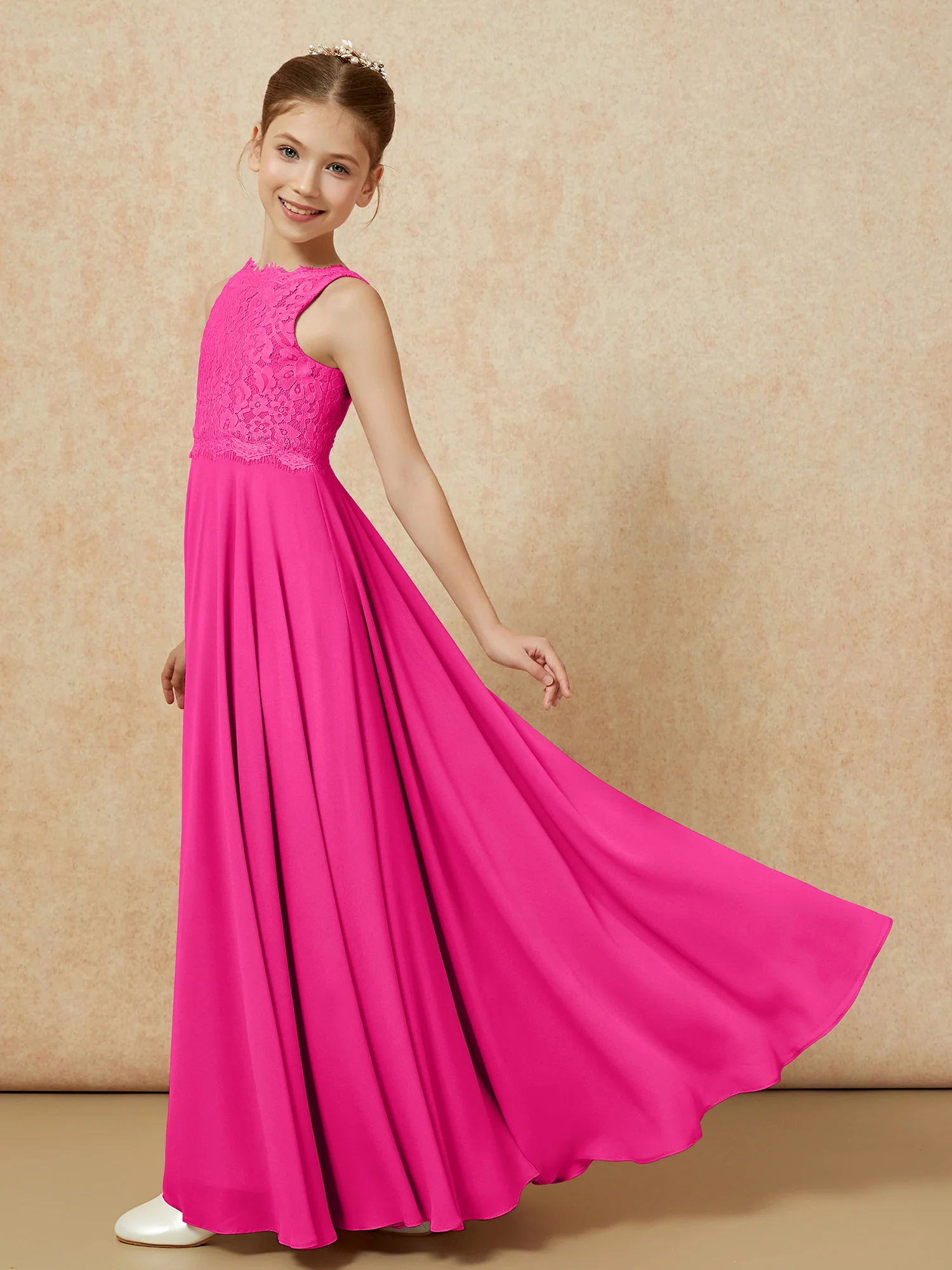 Bateau A-line Floor-length Chiffon Junior Bridesmaid Dress Fuchsia - Image 4