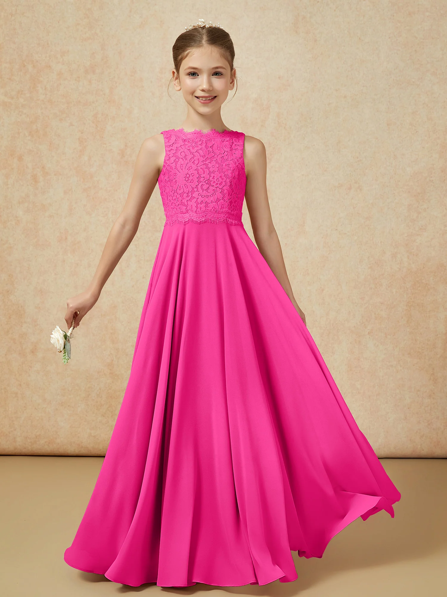 Bateau A-line Floor-length Chiffon Junior Bridesmaid Dress Fuchsia - Image 5