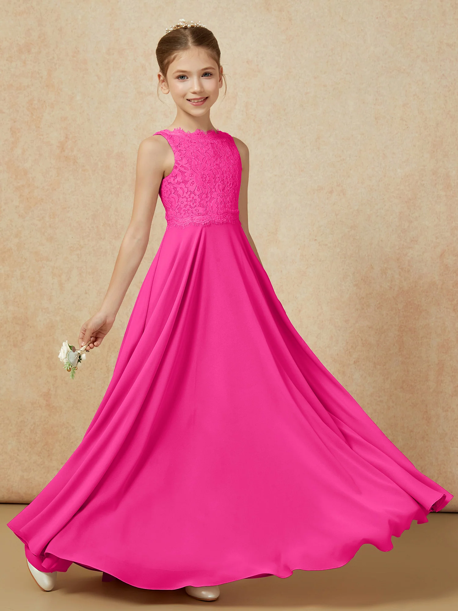 Bateau A-line Floor-length Chiffon Junior Bridesmaid Dress Fuchsia - Image 6