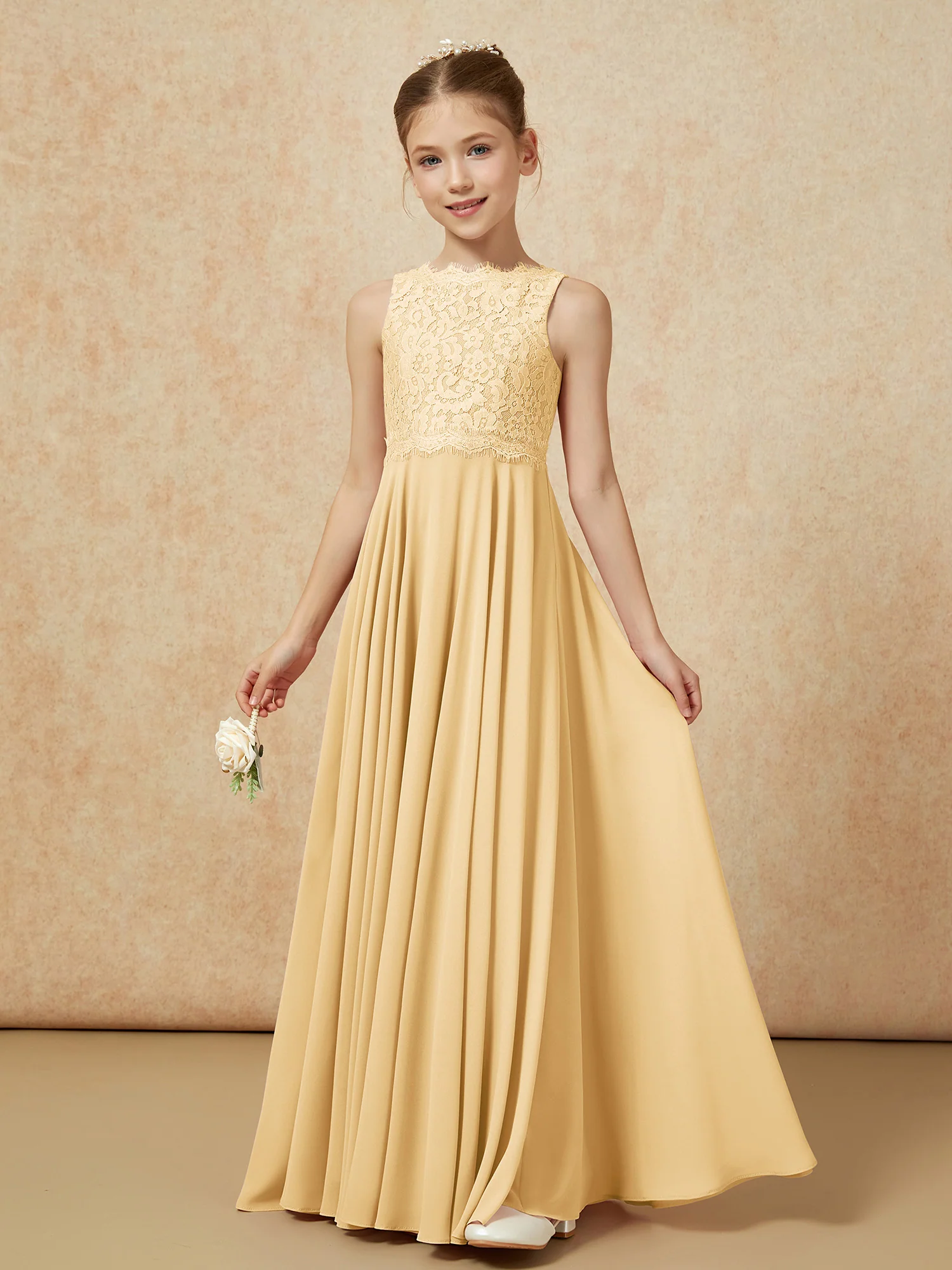 Bateau A-line Floor-length Chiffon Junior Bridesmaid Dress Gold - Image 3