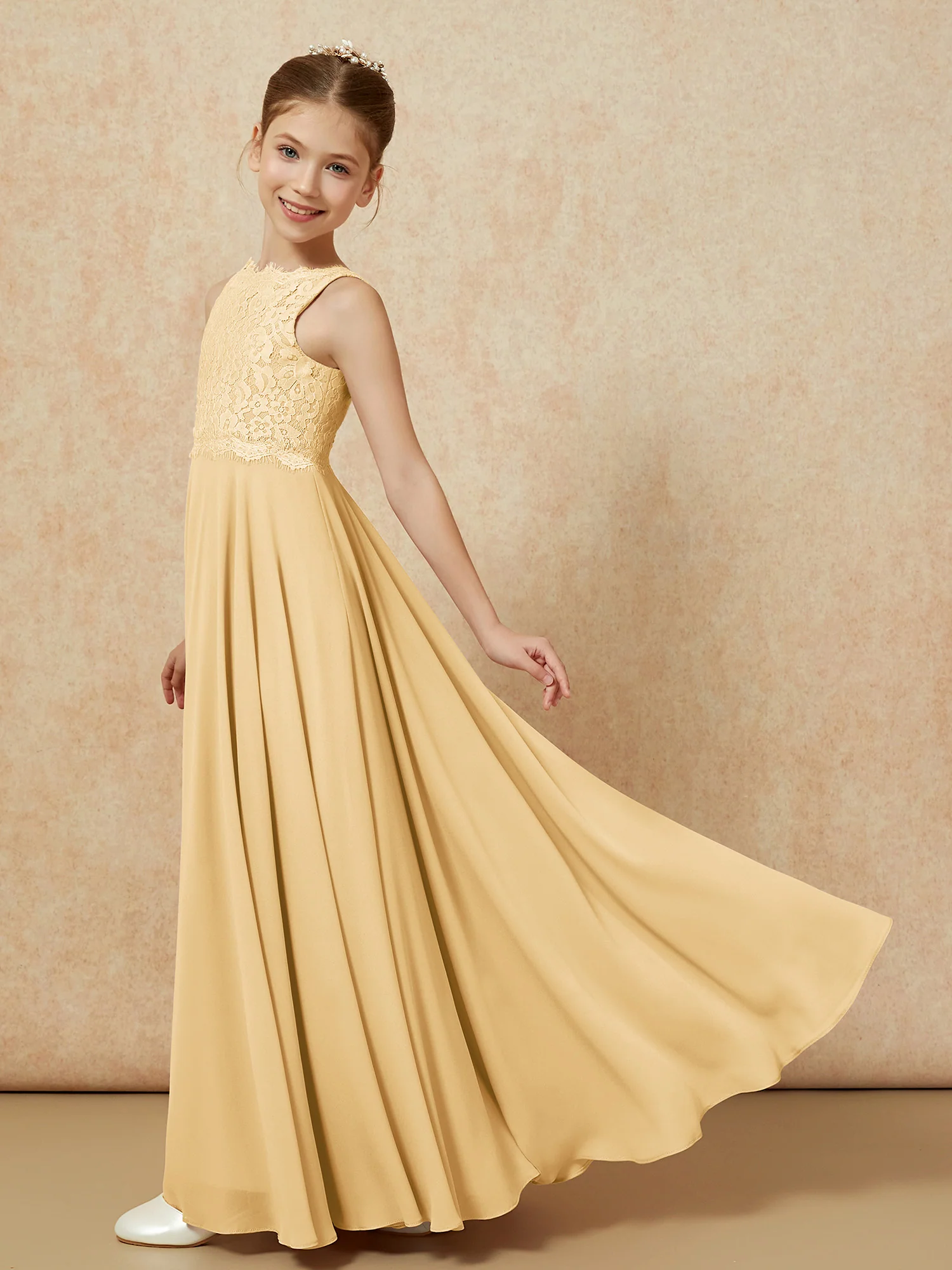 Bateau A-line Floor-length Chiffon Junior Bridesmaid Dress Gold - Image 4