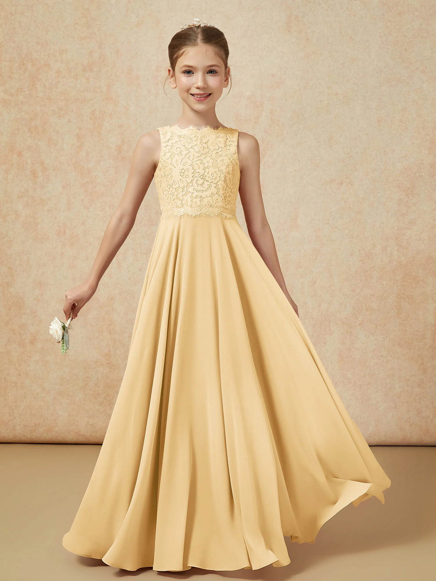 Bateau A-line Floor-length Chiffon Junior Bridesmaid Dress Gold - Image 5