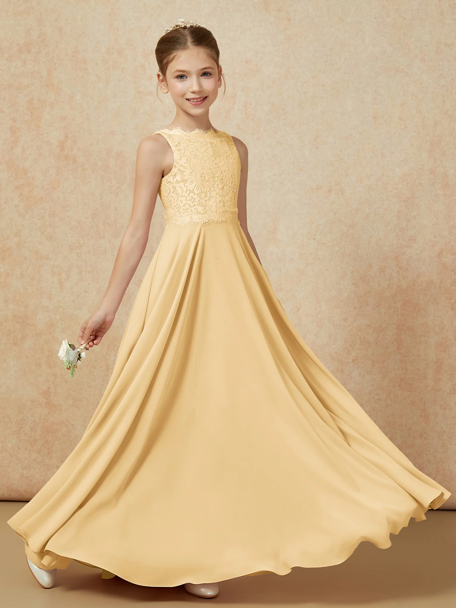 Bateau A-line Floor-length Chiffon Junior Bridesmaid Dress Gold - Image 6