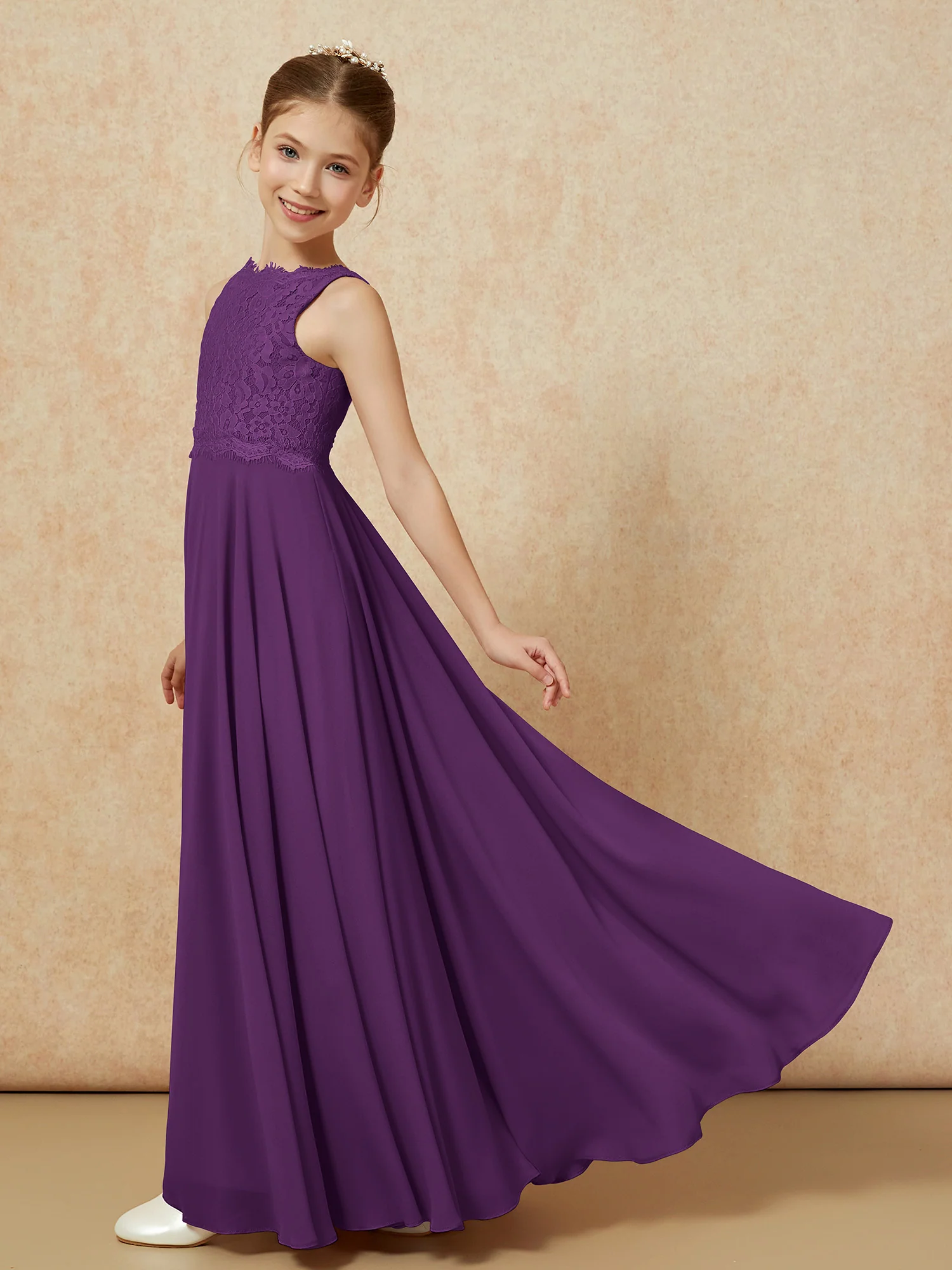 Bateau A-line Floor-length Chiffon Junior Bridesmaid Dress Grape - Image 4