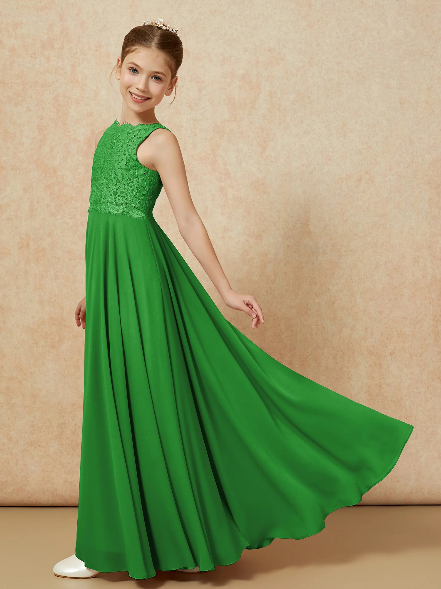 Bateau A-line Floor-length Chiffon Junior Bridesmaid Dress Green - Image 4