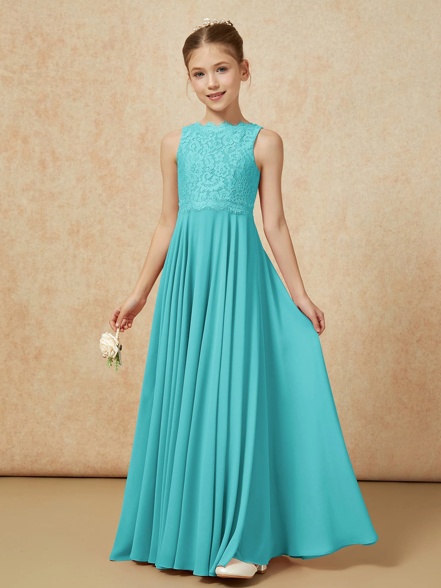 Bateau A-line Floor-length Chiffon Junior Bridesmaid Dress Jade - Image 3