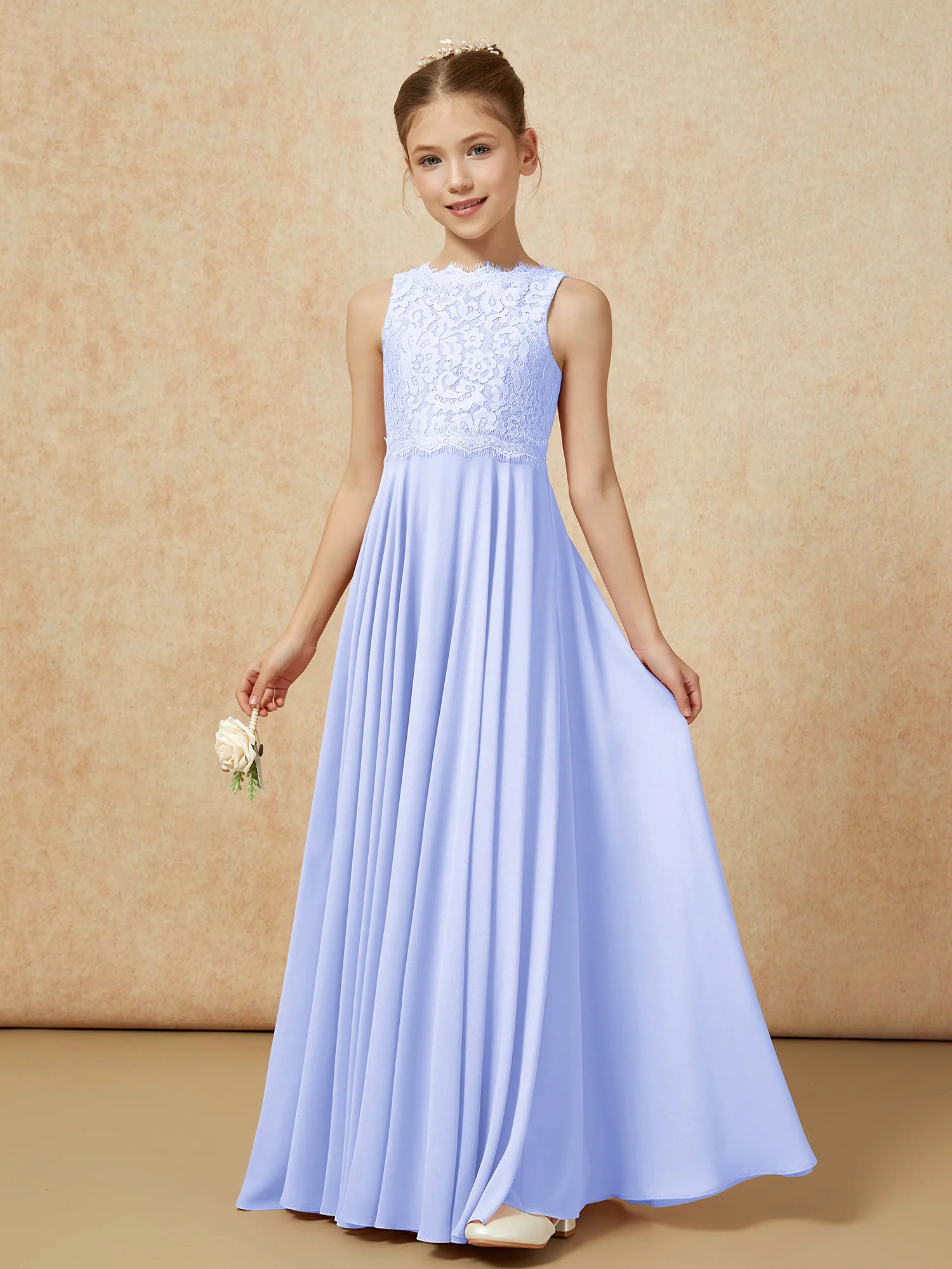 Bateau A-line Floor-length Chiffon Junior Bridesmaid Dress Lavender - Image 3