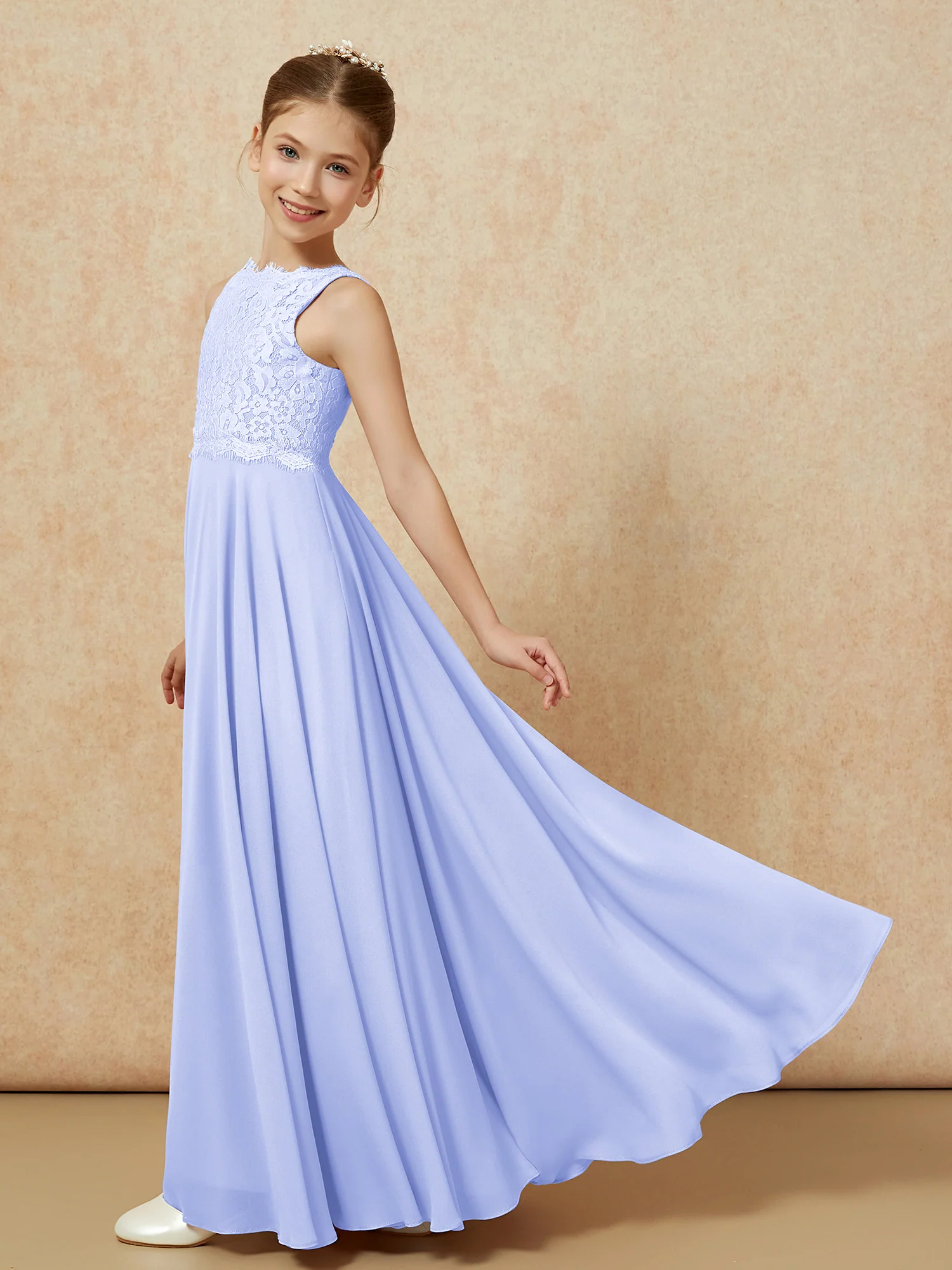 Bateau A-line Floor-length Chiffon Junior Bridesmaid Dress Lavender - Image 4