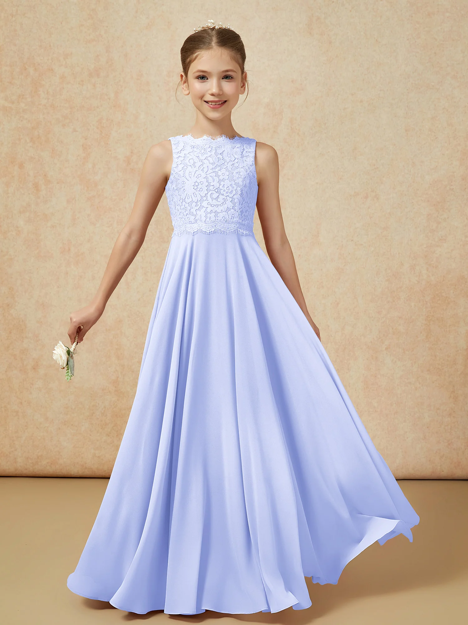 Bateau A-line Floor-length Chiffon Junior Bridesmaid Dress Lavender - Image 5