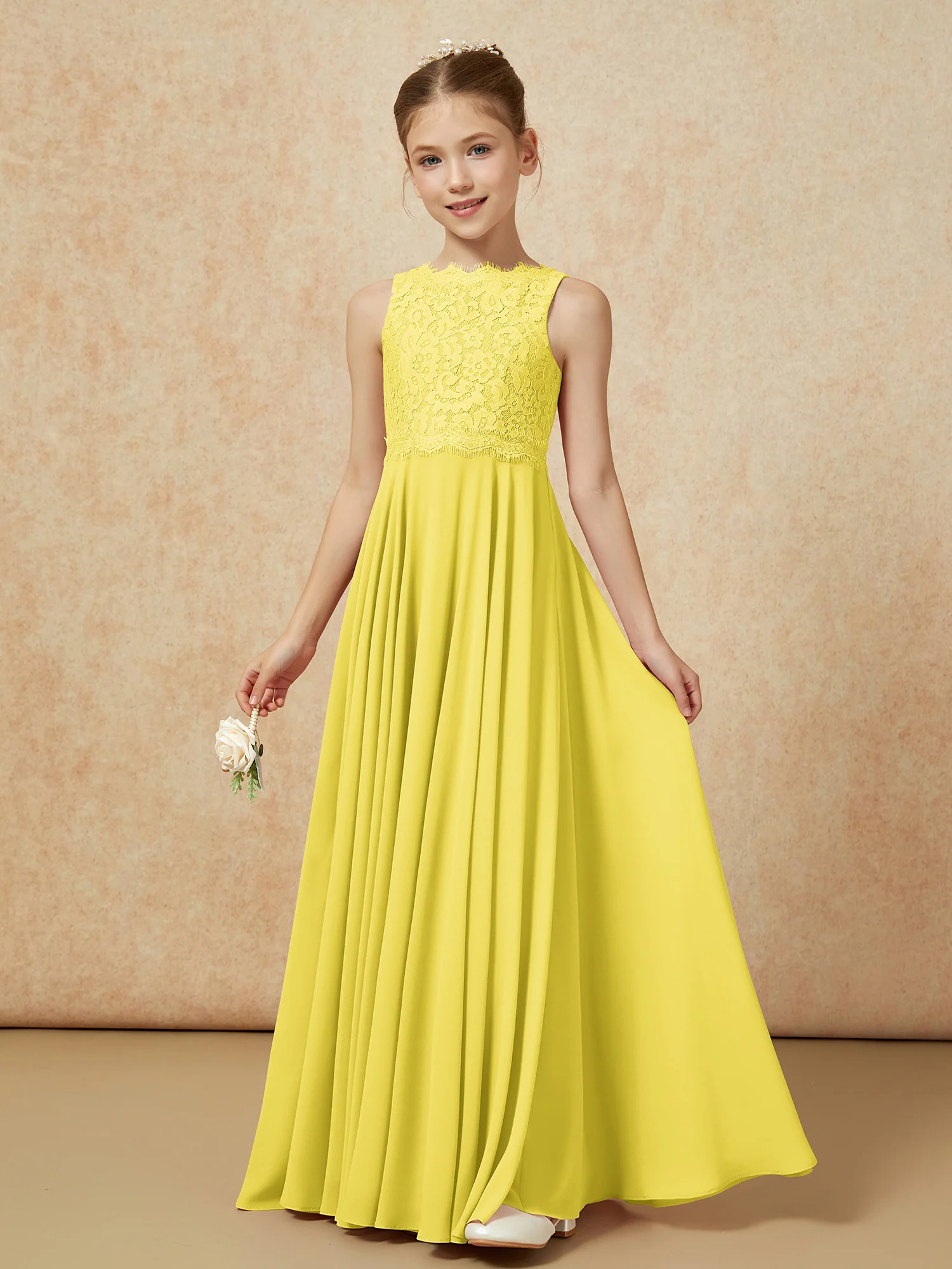 Bateau A-line Floor-length Chiffon Junior Bridesmaid Dress Lemon - Image 3
