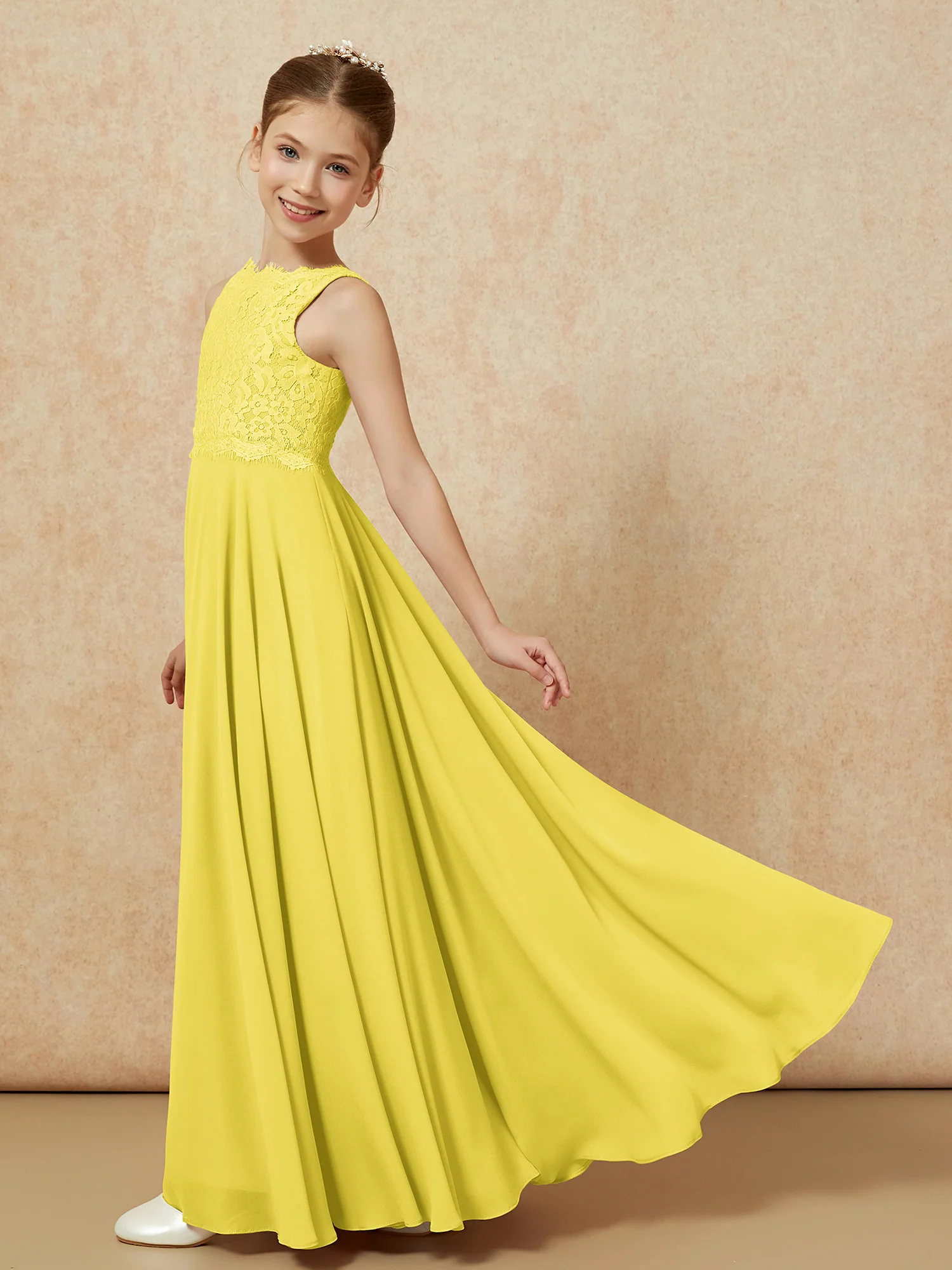 Bateau A-line Floor-length Chiffon Junior Bridesmaid Dress Lemon - Image 4
