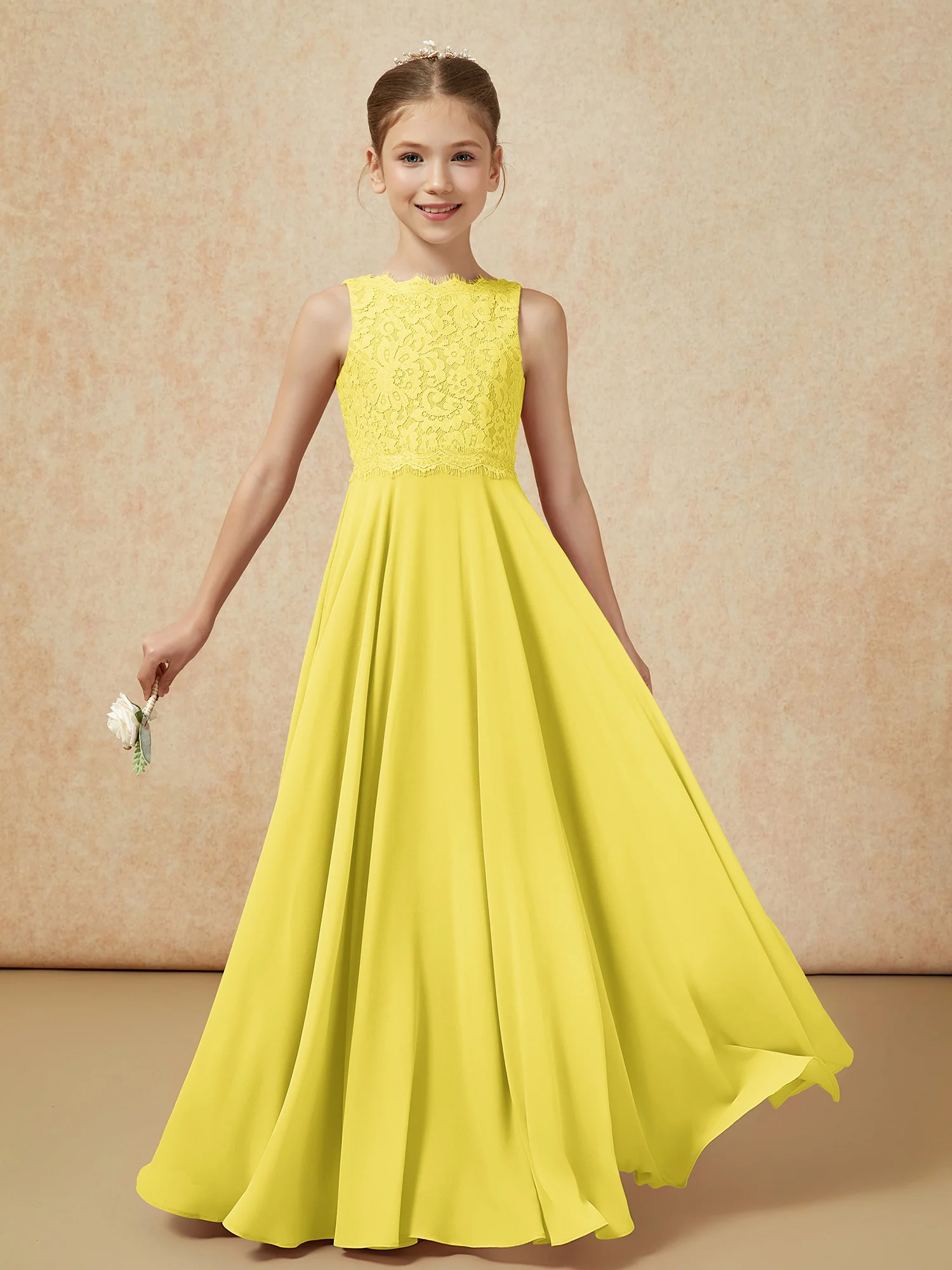 Bateau A-line Floor-length Chiffon Junior Bridesmaid Dress Lemon - Image 5