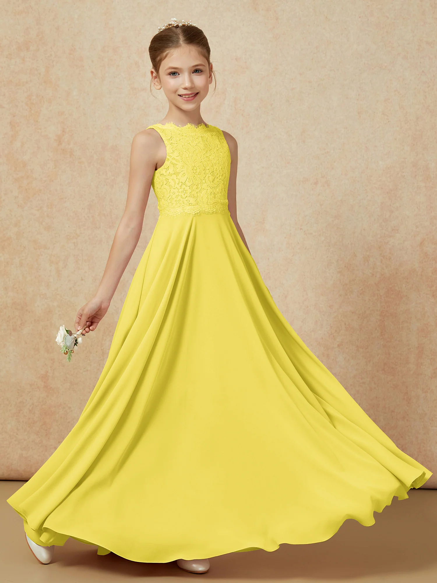 Bateau A-line Floor-length Chiffon Junior Bridesmaid Dress Lemon - Image 6