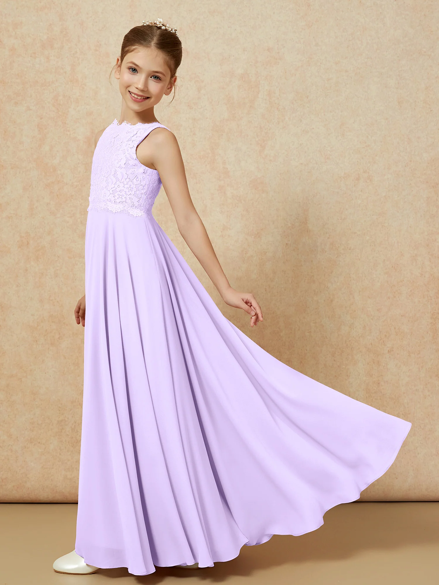 Bateau A-line Floor-length Chiffon Junior Bridesmaid Dress Lilac - Image 4