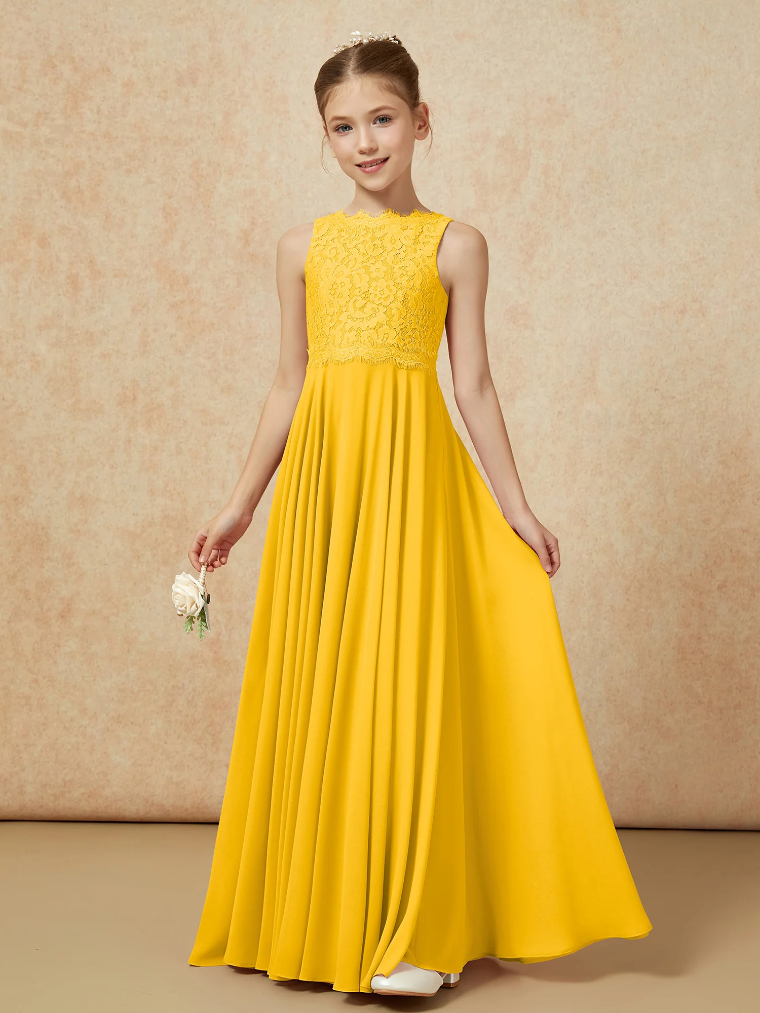 Bateau A-line Floor-length Chiffon Junior Bridesmaid Dress Marigold - Image 3