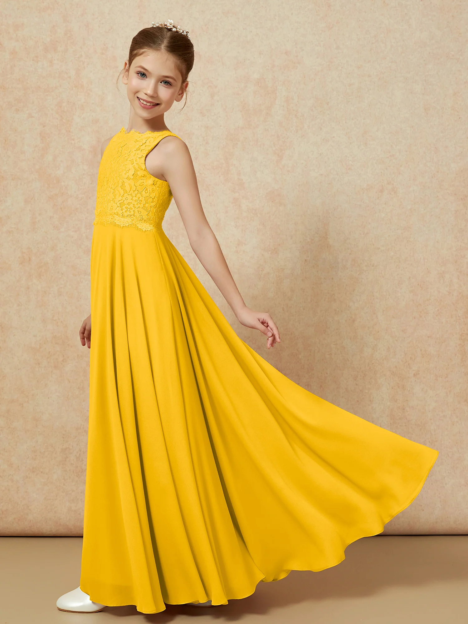 Bateau A-line Floor-length Chiffon Junior Bridesmaid Dress Marigold - Image 4